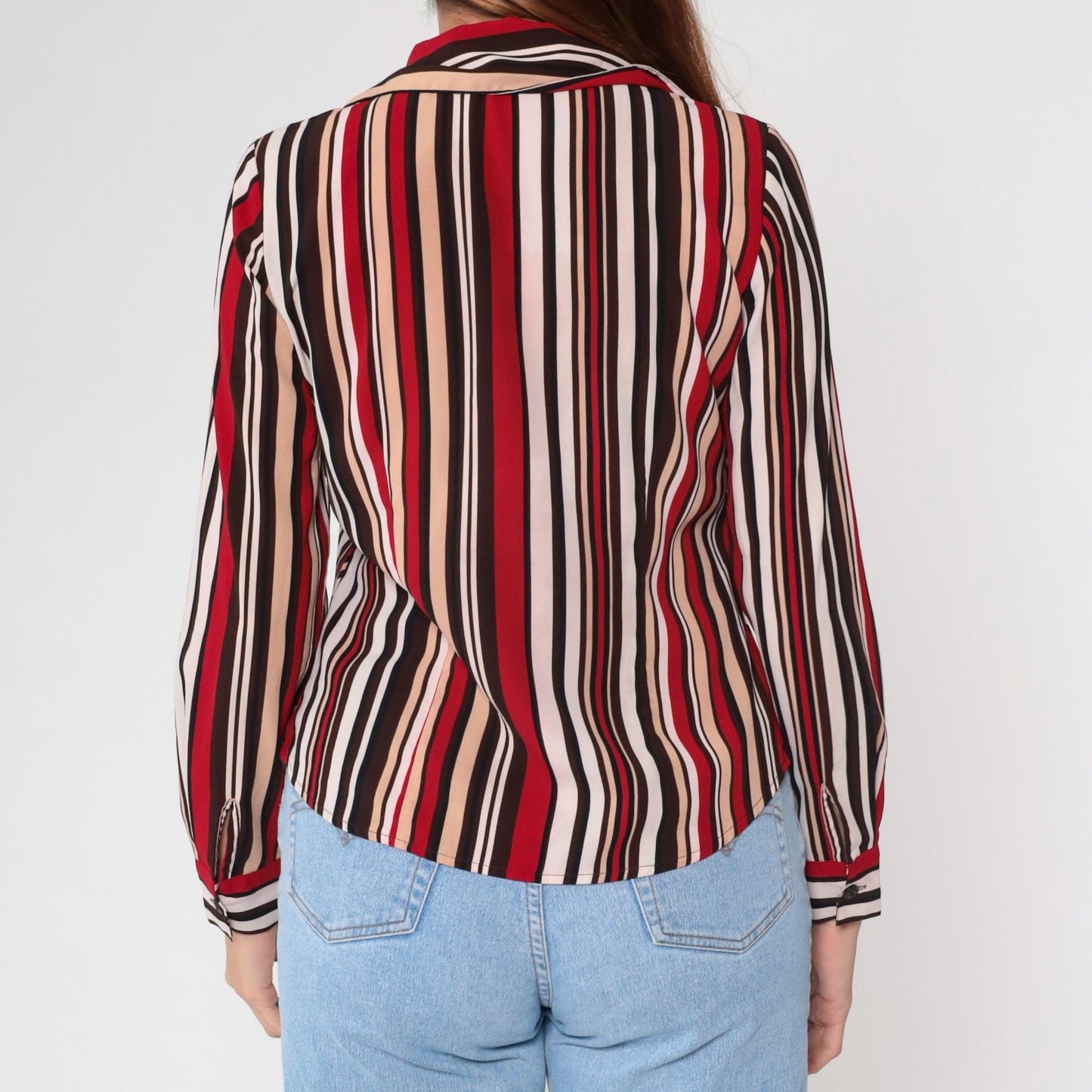 Y2K Chevron Stripe Button Up Blouse Red Brown Tan White Long Sleeve Small S