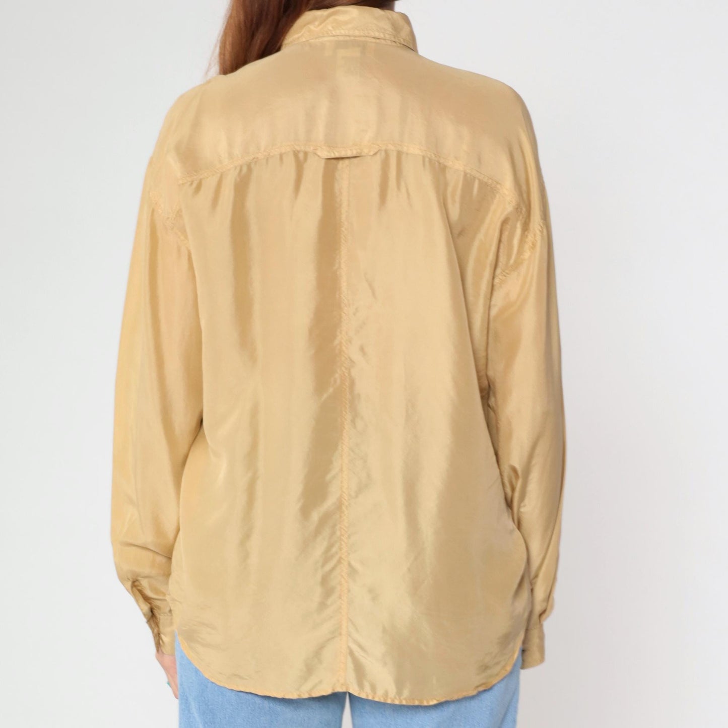 90s Champagne Silk Button-Up Blouse Long Sleeve Chest Pocket Small