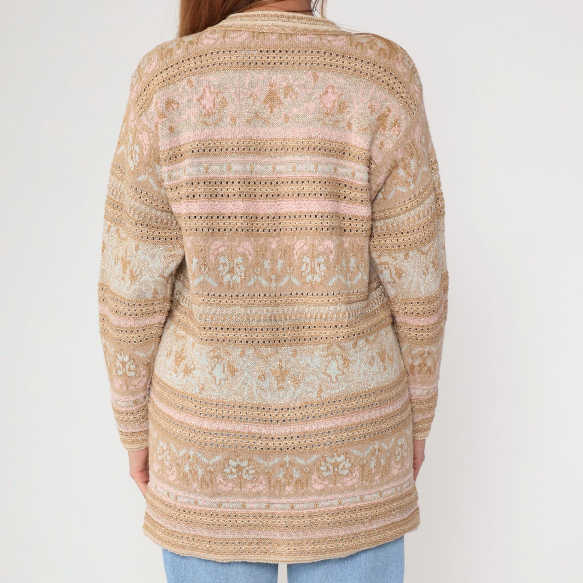90s Lizsport Gold Floral Cardigan Sweater Tan Metallic Knit V Neck Small S