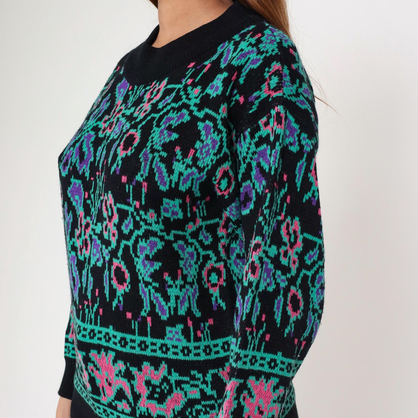 80s Abstract Floral Jacquard Sweater Black Knit Crewneck Small