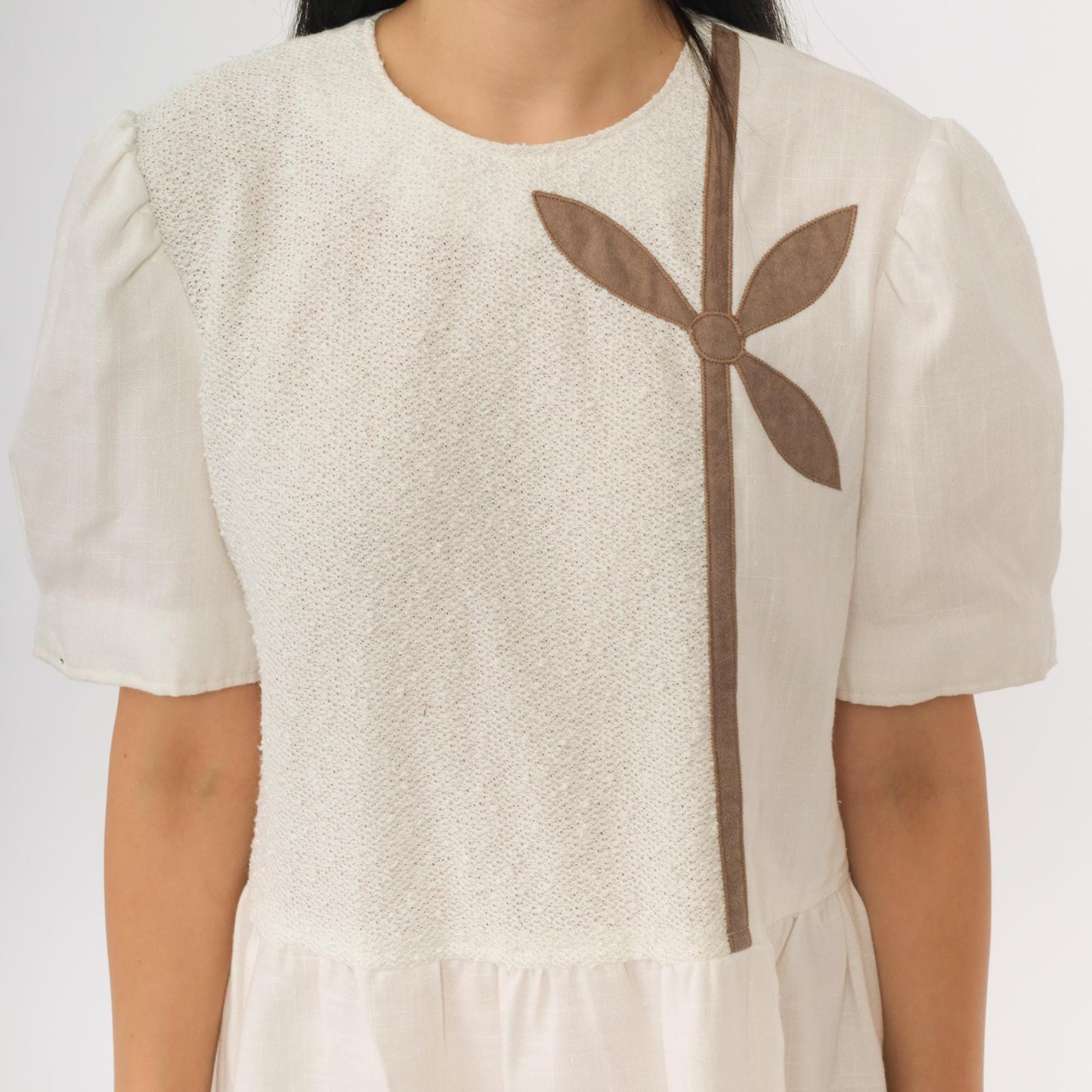 80s Leslie Fay White Floral Applique Mini Dress Puff Sleeve Boucle Knit Medium Large