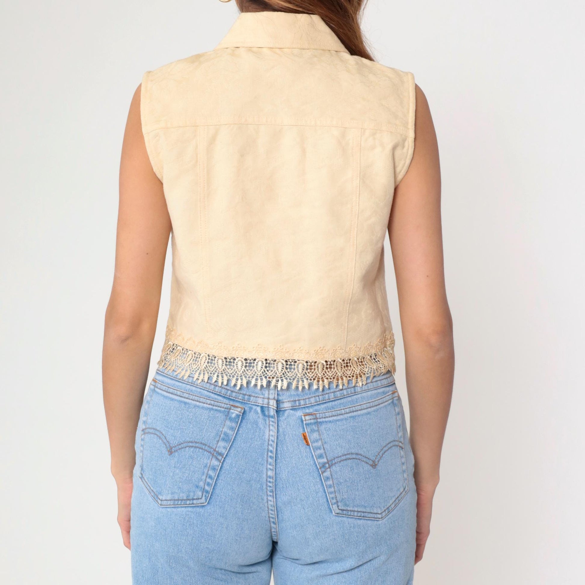 90s Cream Floral Jacquard Vest Cotton Button Up Cropped Medium M