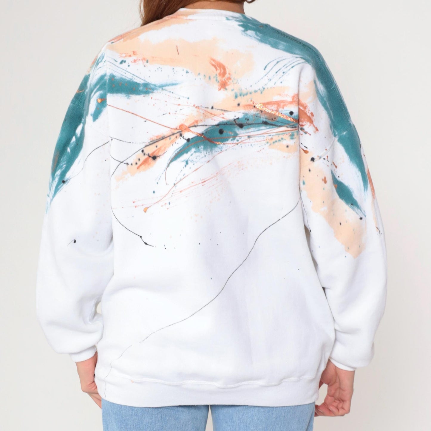 80s Hand-Painted Tiger Sweatshirt Metallic Glitter White Graphic Jumper Large L