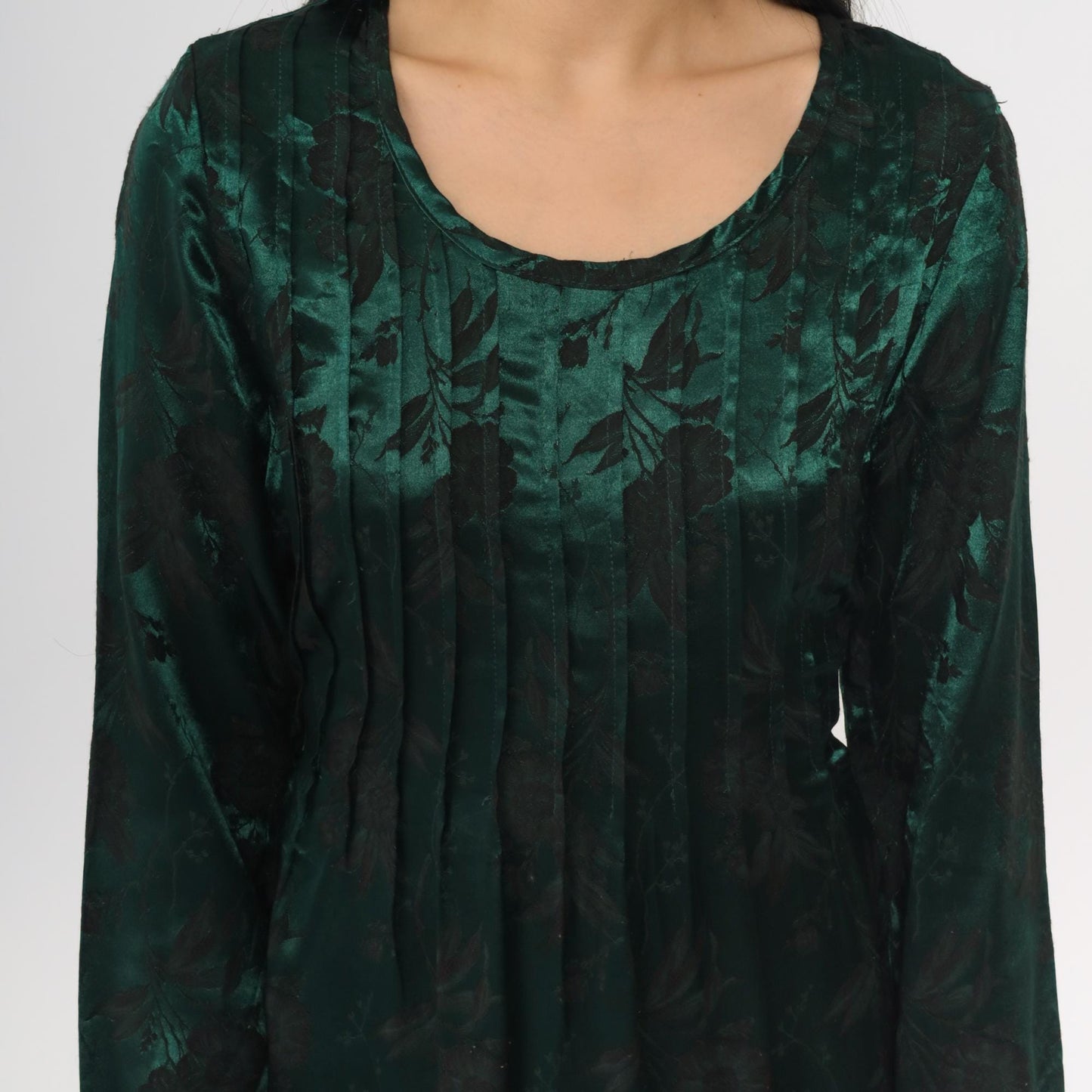 90s Sarah Richards Green Satin Floral Mini Dress Long Sleeve Scoop Neck Small