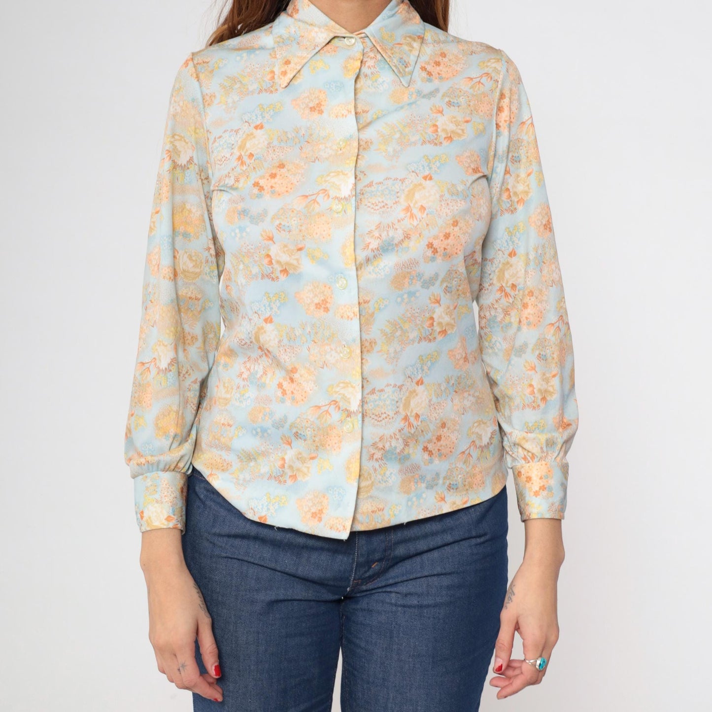 70s Sodi Floral Button-Up Blouse Blue Pointed Collar Long Sleeve Small