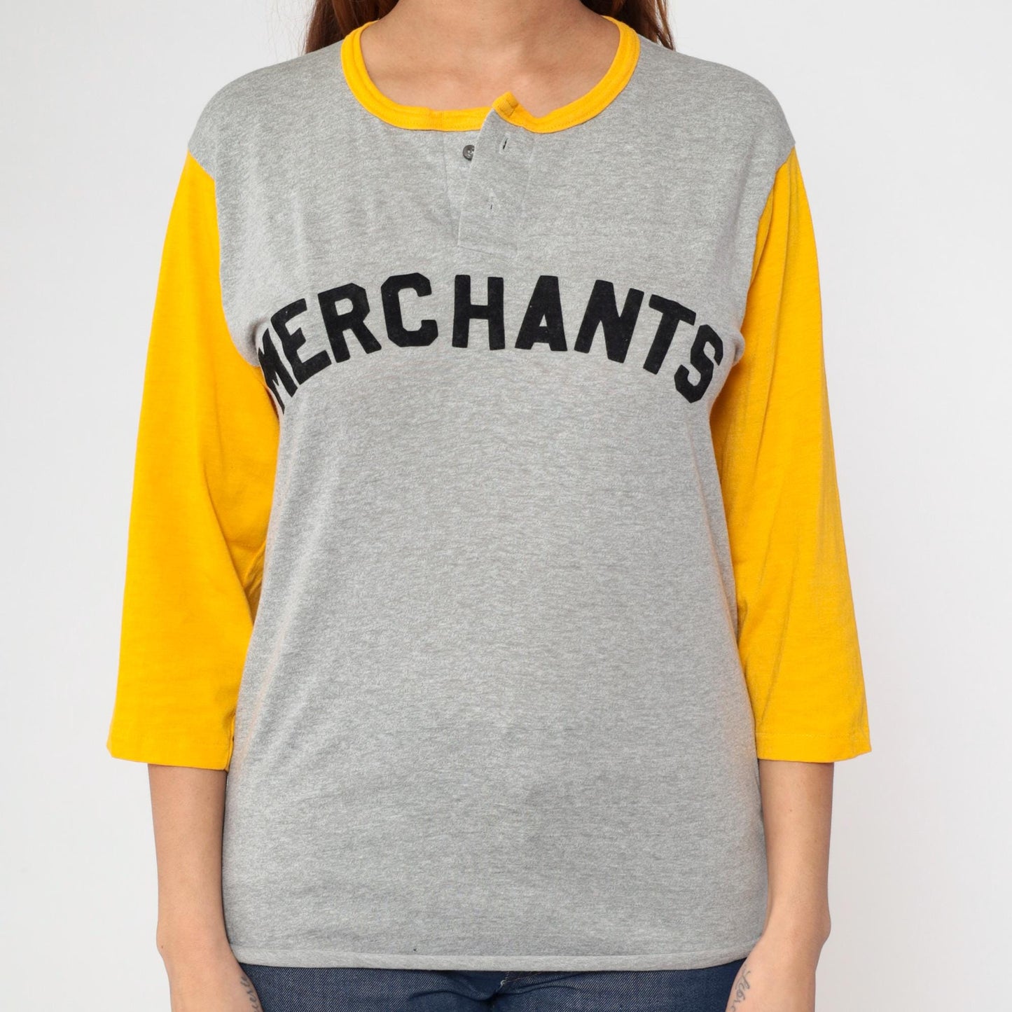 80s Merchants Baseball Shirt Grey Yellow Henley 3/4 Sleeve Medium