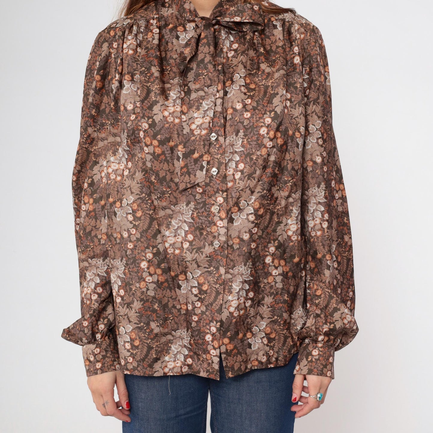 70s Brown Floral Ascot Blouse Button-Up Long Sleeve Large L