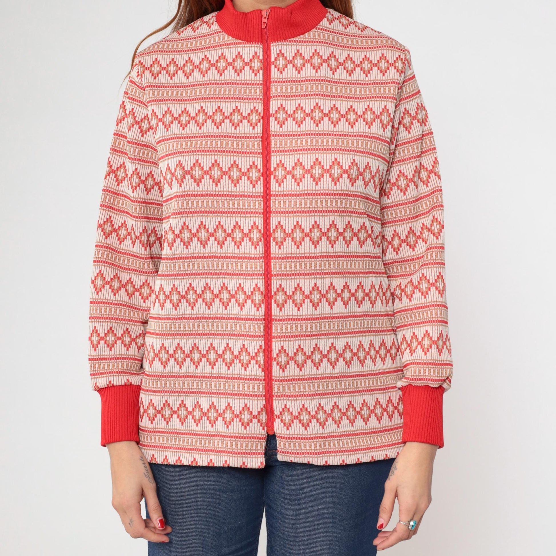70s Geometric Striped Zip-Up Blouse Red Mock Neck Long Sleeve Large