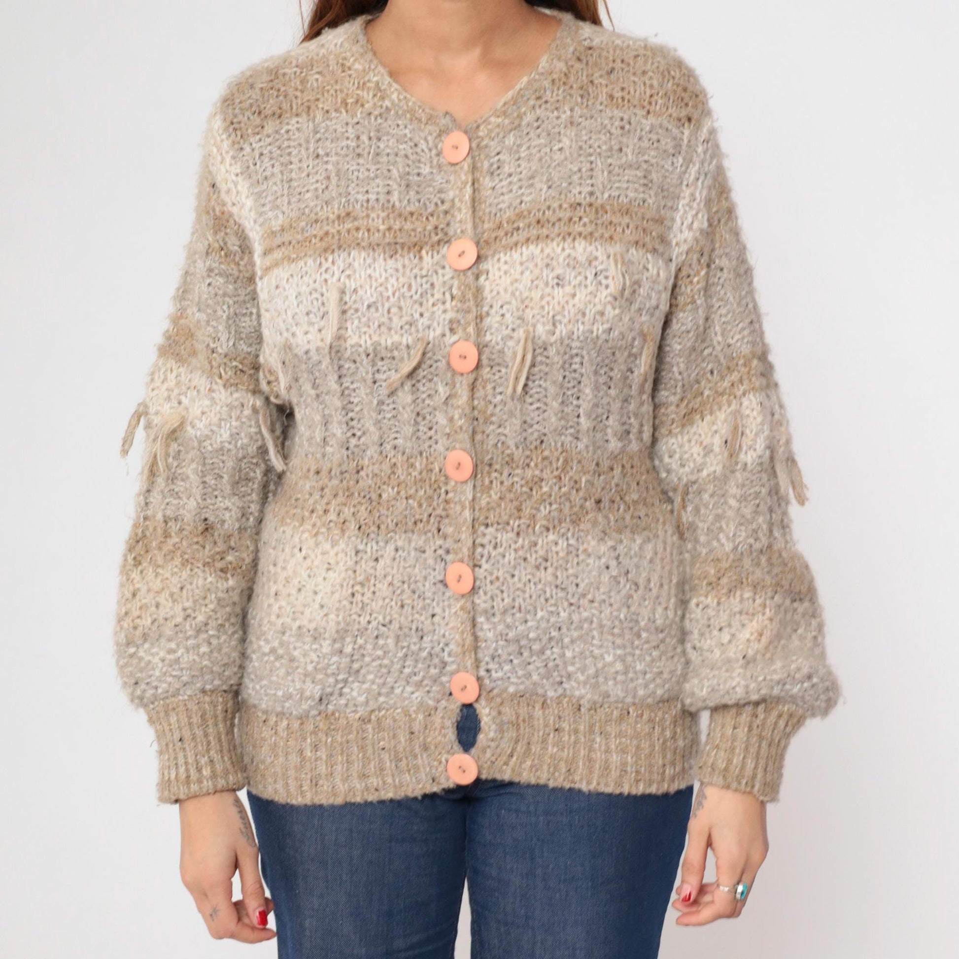 80s Sideffects Striped Cardigan Tan Grey Fringe Knit Small