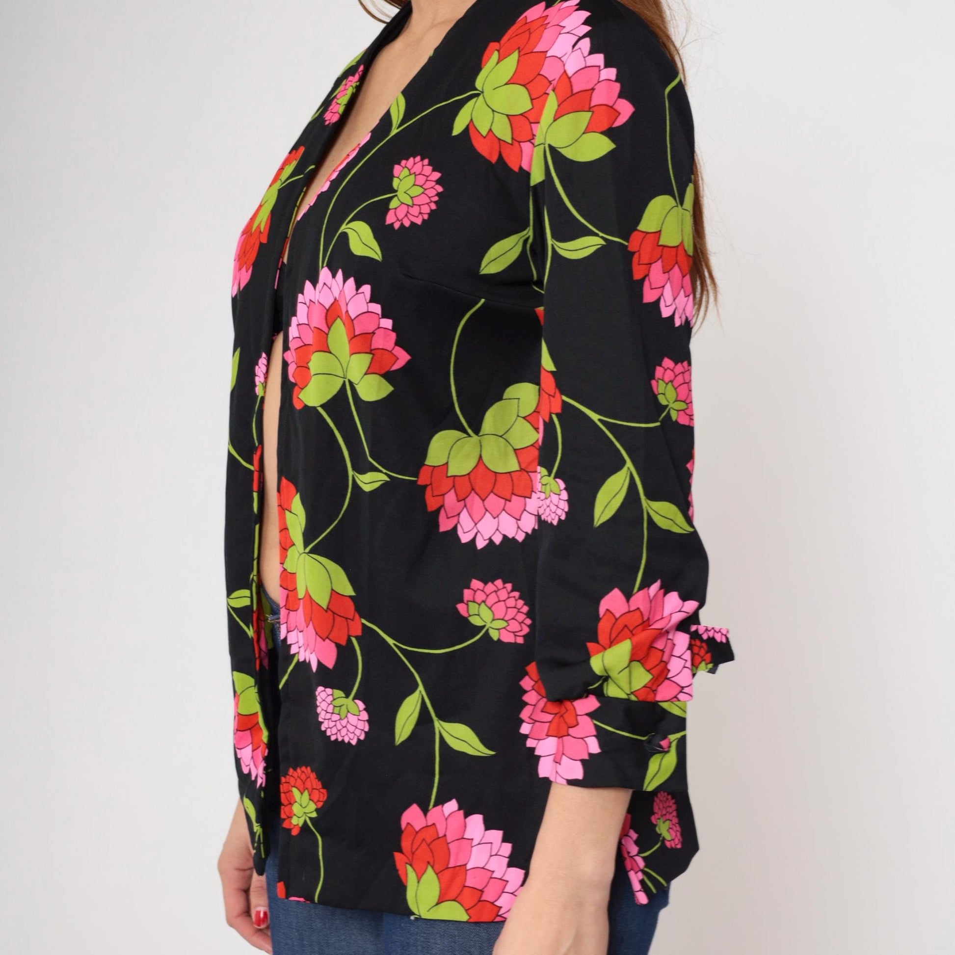 70s Black Floral Open Front Blouse Pink Green Print Long Sleeve Medium