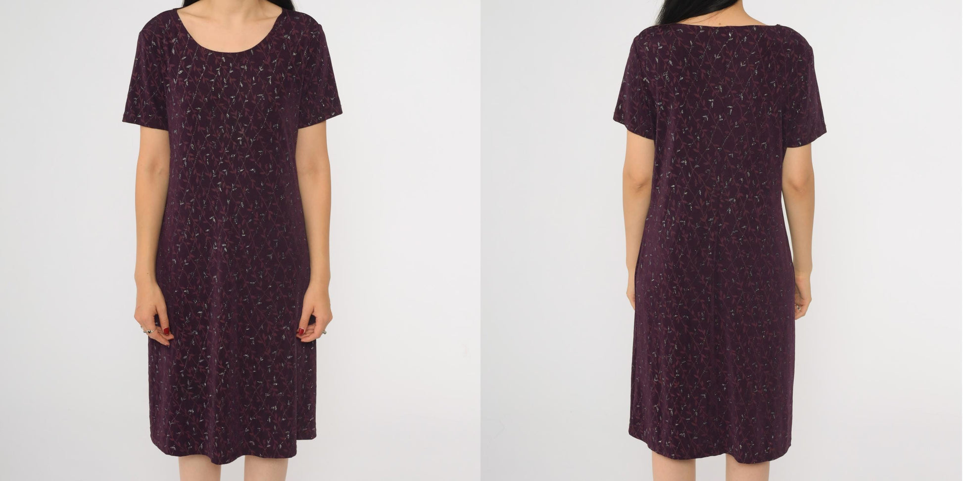 90s AGB Purple Floral Glitter Dress Knee-Length Short Sleeve Large L