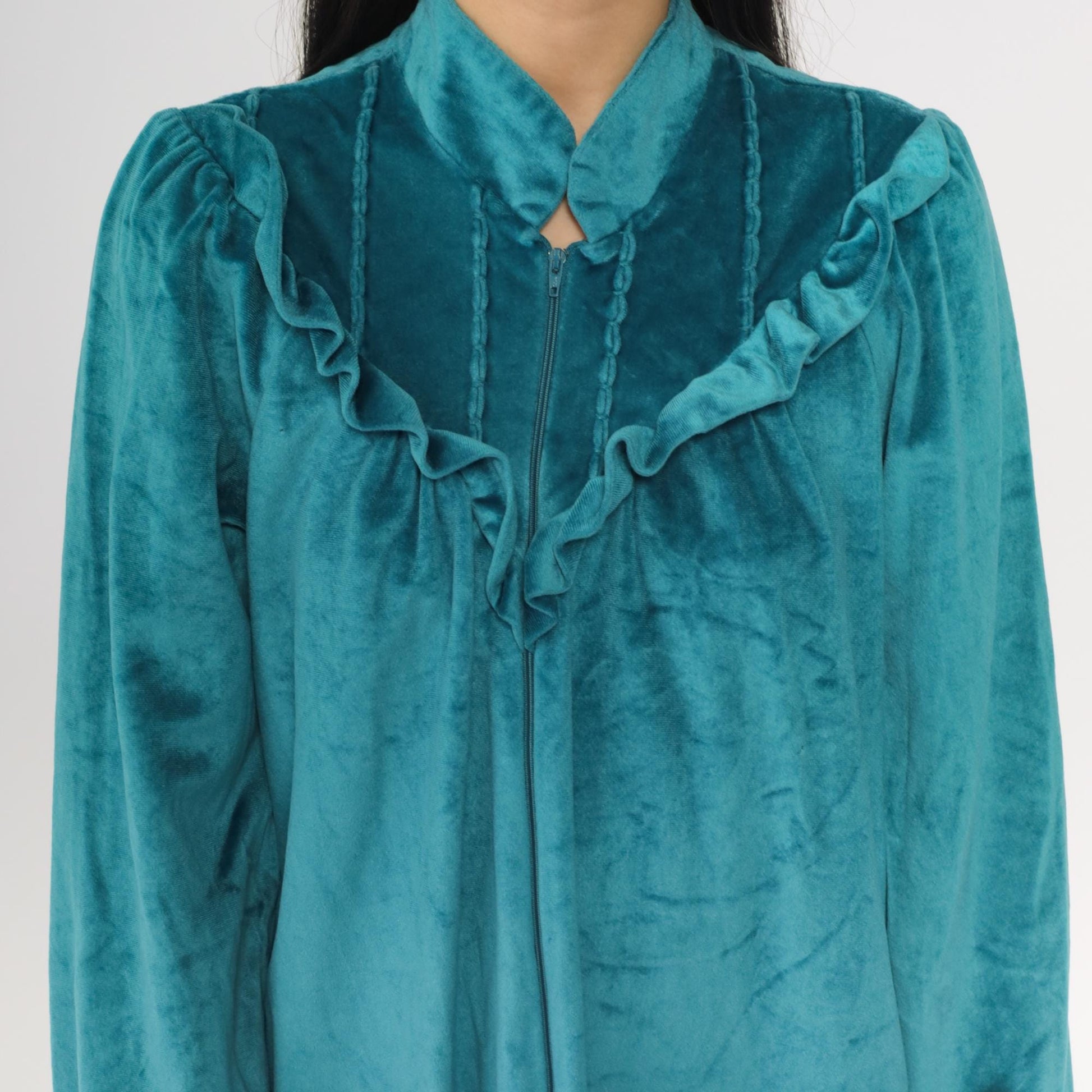 80s Lara Dee Velour Lounge Dress Teal Ruffled Yoke Zip Puff Sleeve Mini Medium