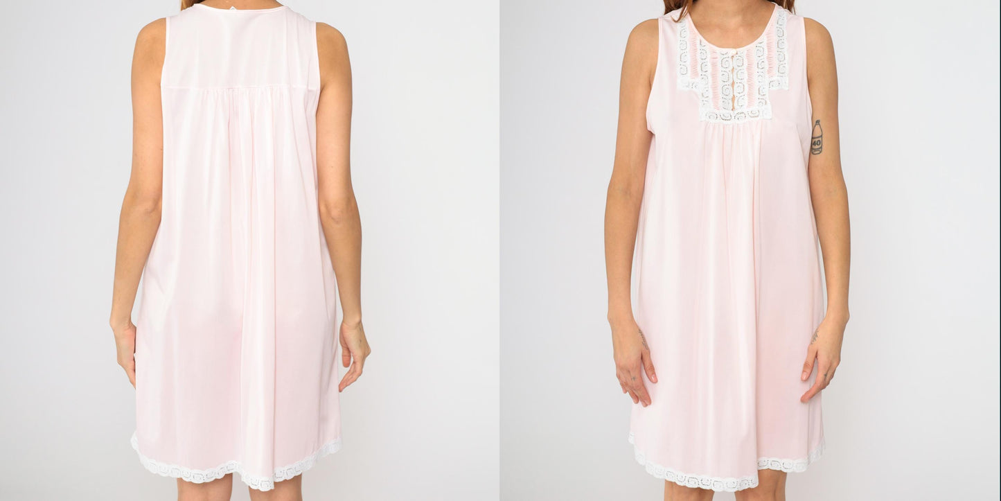 70s Baby Pink Nylon Nightgown & Robe Set Lace Trim Mini Large L