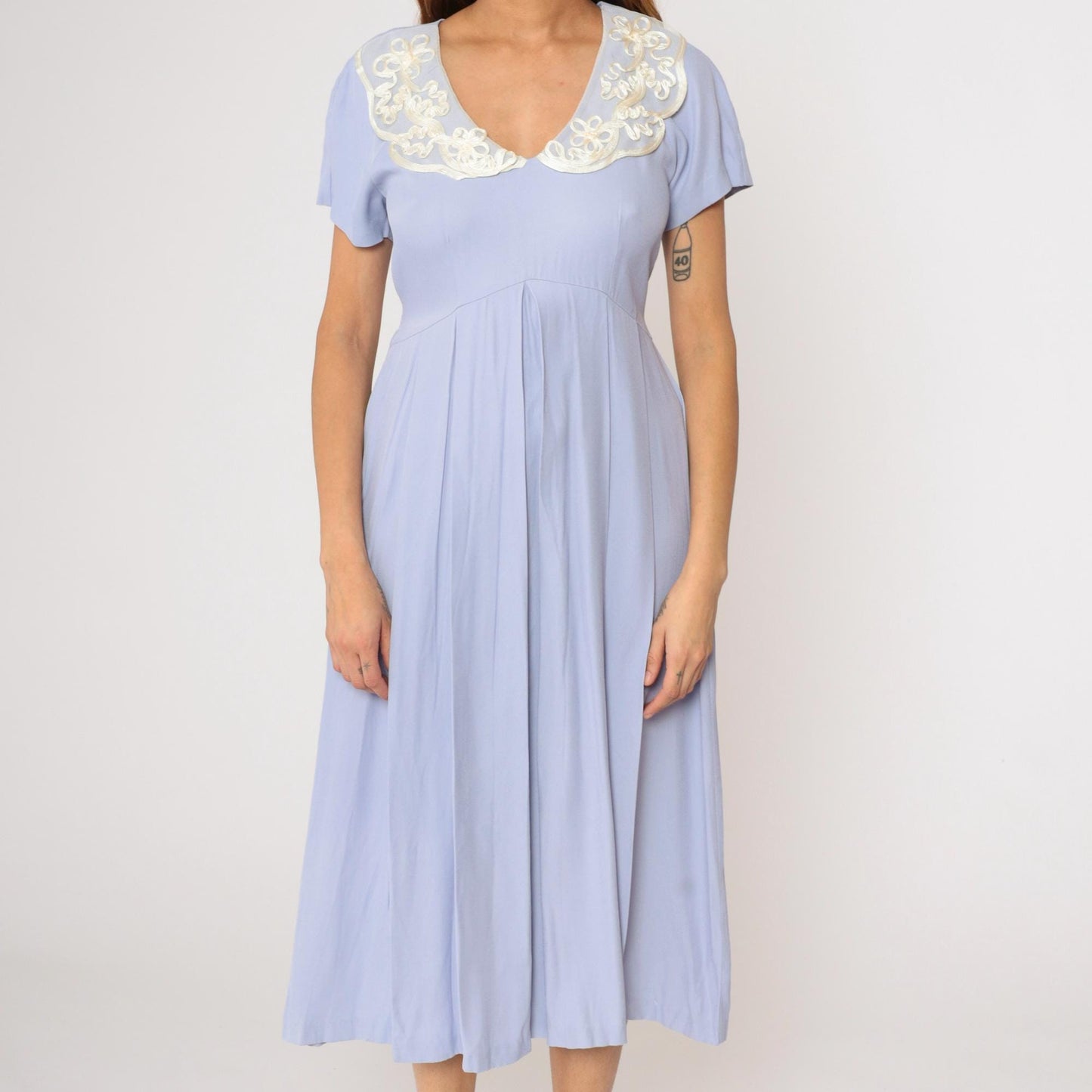 90s Lavender Midi Dress Soutache Lace Collar High Waist Pleated Small
