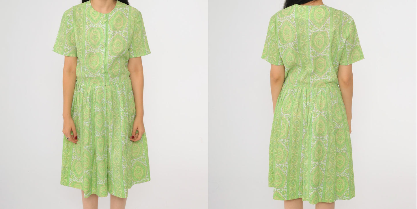 60s Green Floral Button-Up Dress Knee Length Pleated Skirt Small