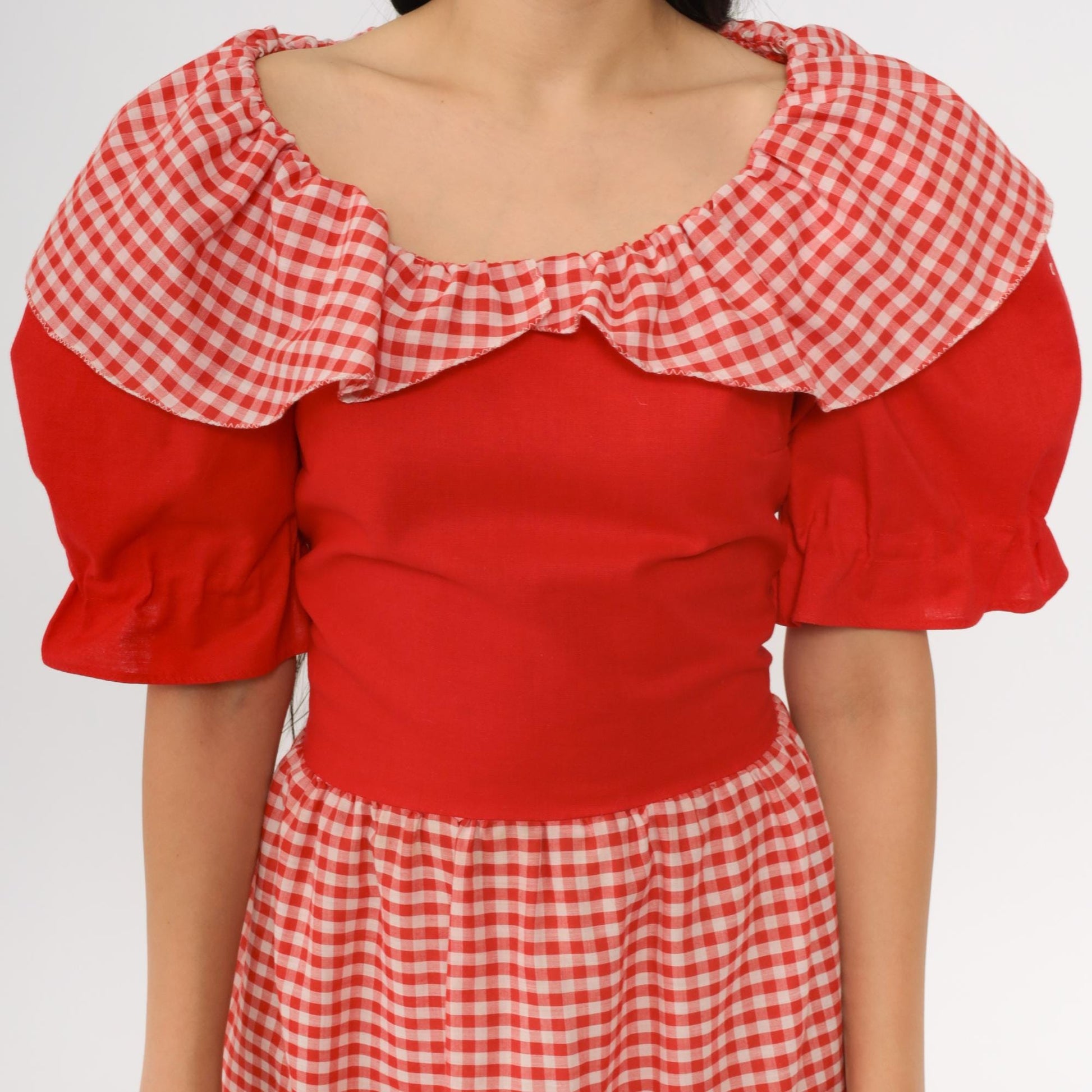70s Red Gingham Prairie Dress Puff Sleeve Midi High Waist Medium Large