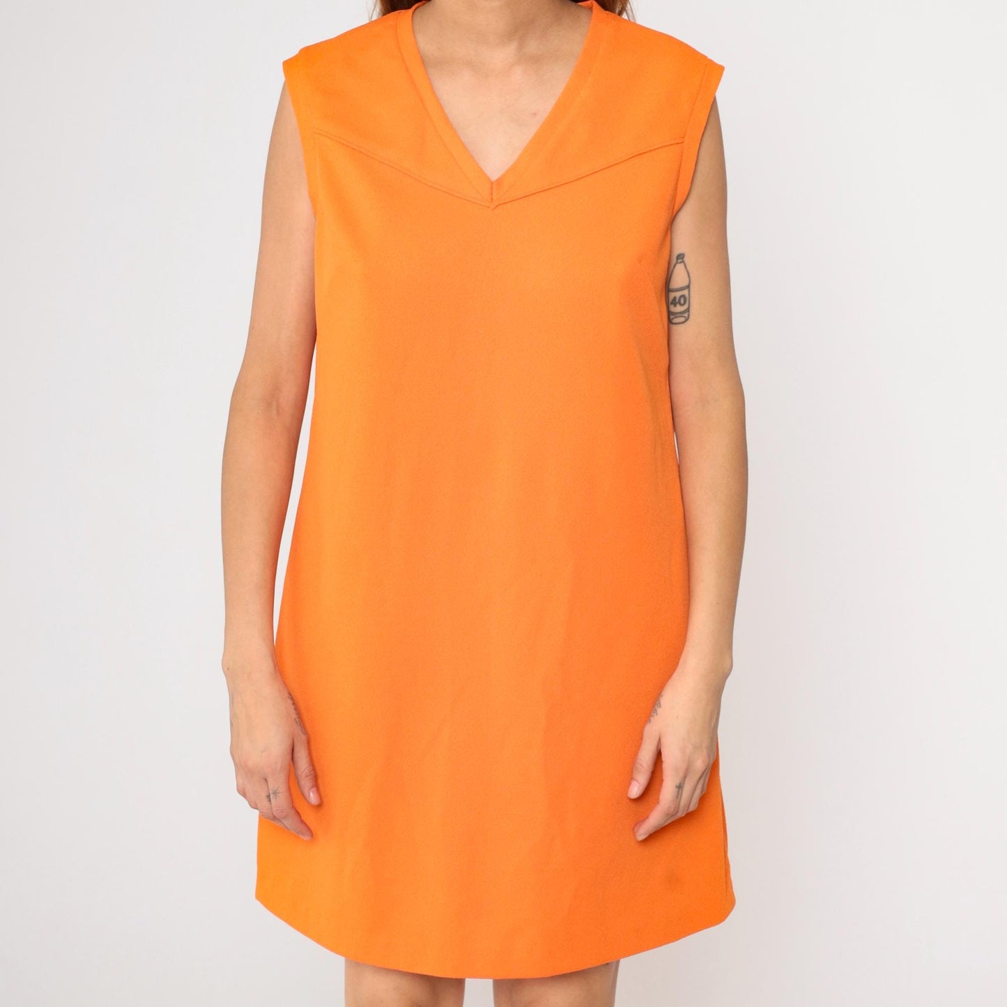 60s Orange Mod Shift Dress V Neck Sleeveless Mini Vintage Medium Large