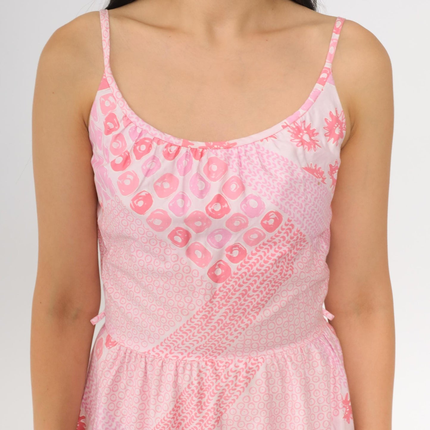 70s Malia Foster Hawaiian Midi Dress Pink Geometric High Waist Spaghetti Strap Extra Small