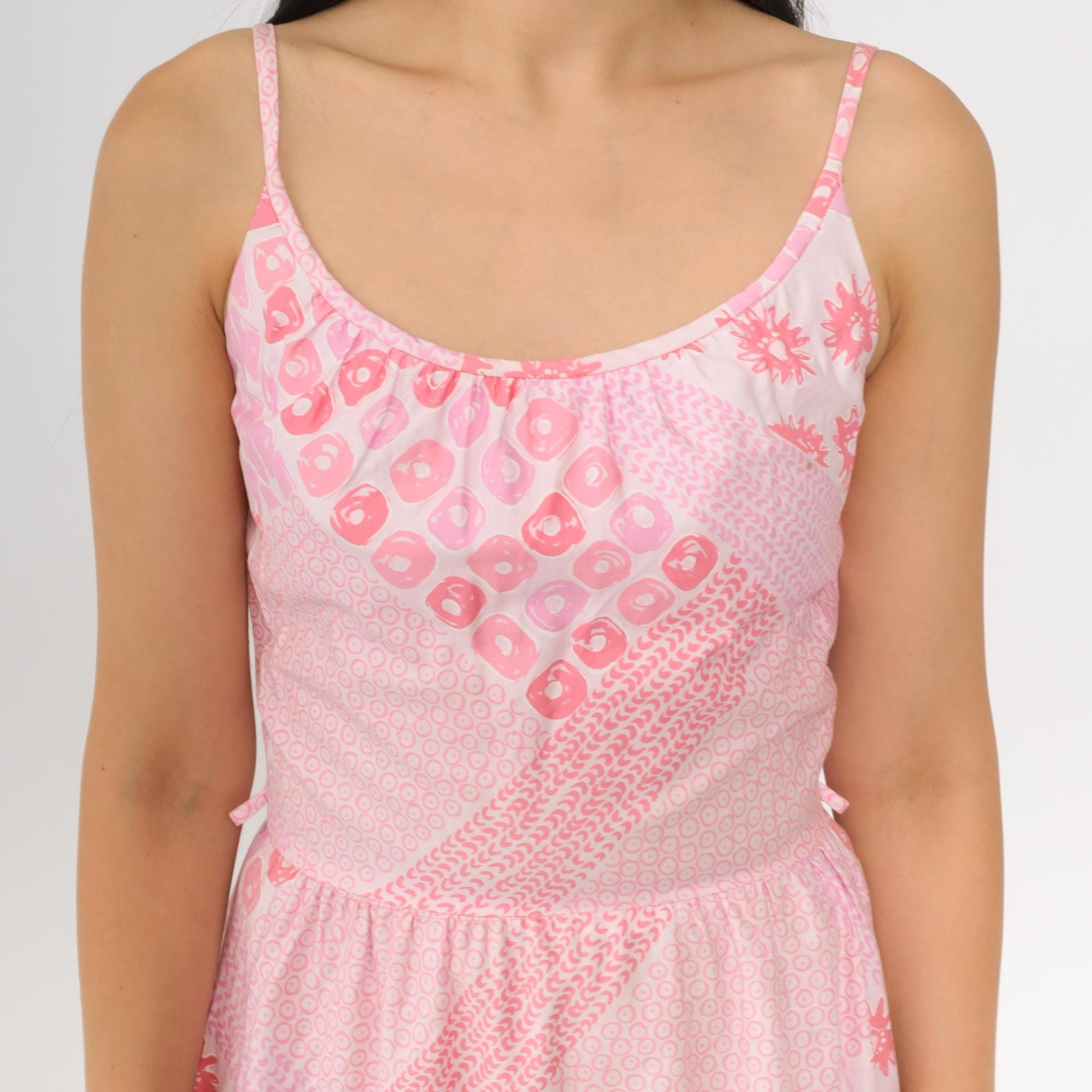 70s Malia Foster Hawaiian Midi Dress Pink Geometric High Waist Spaghetti Strap Extra Small
