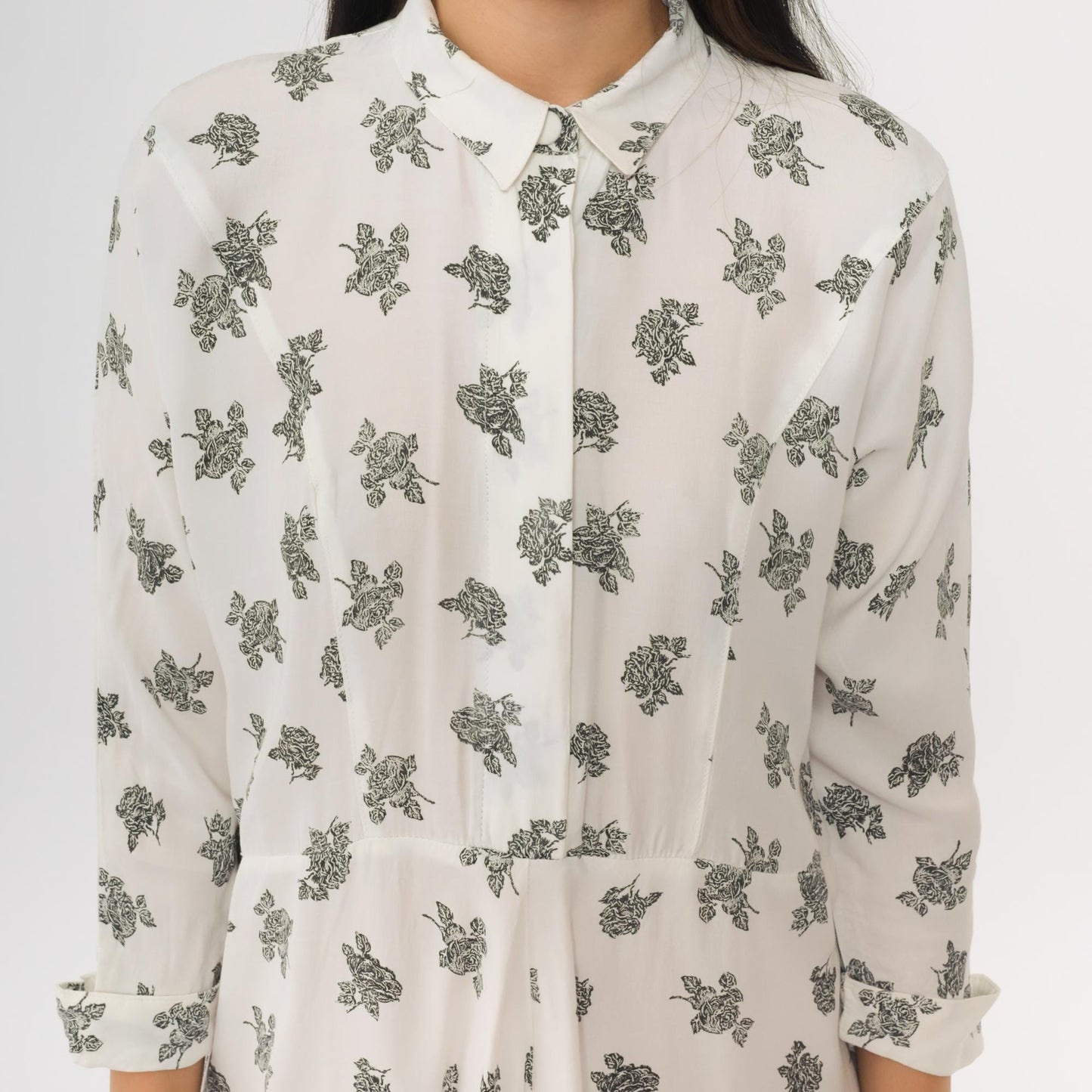 90s White Floral Button-Up Shirtdress Knee Length 3/4 Sleeve Small
