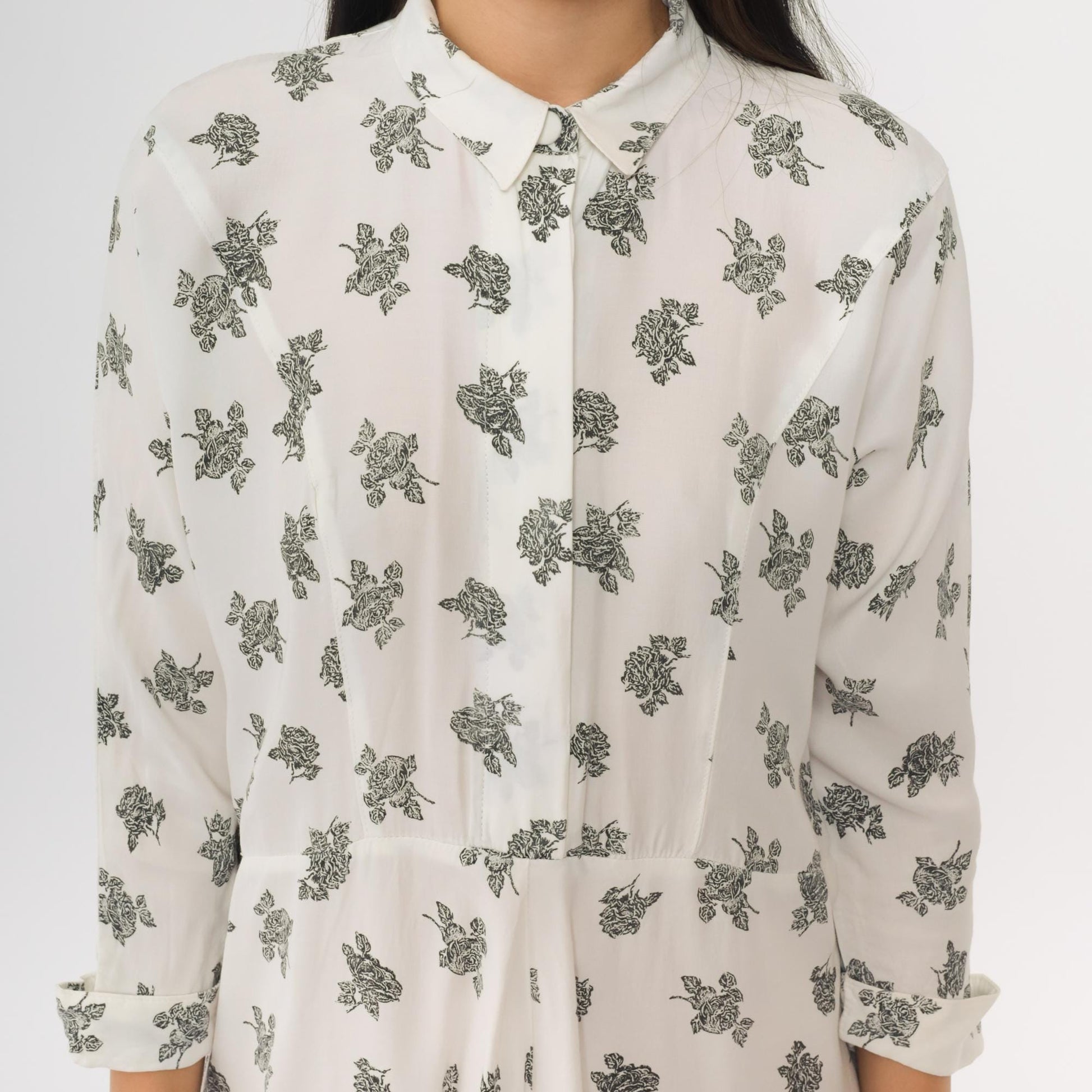 90s White Floral Button-Up Shirtdress Knee Length 3/4 Sleeve Small