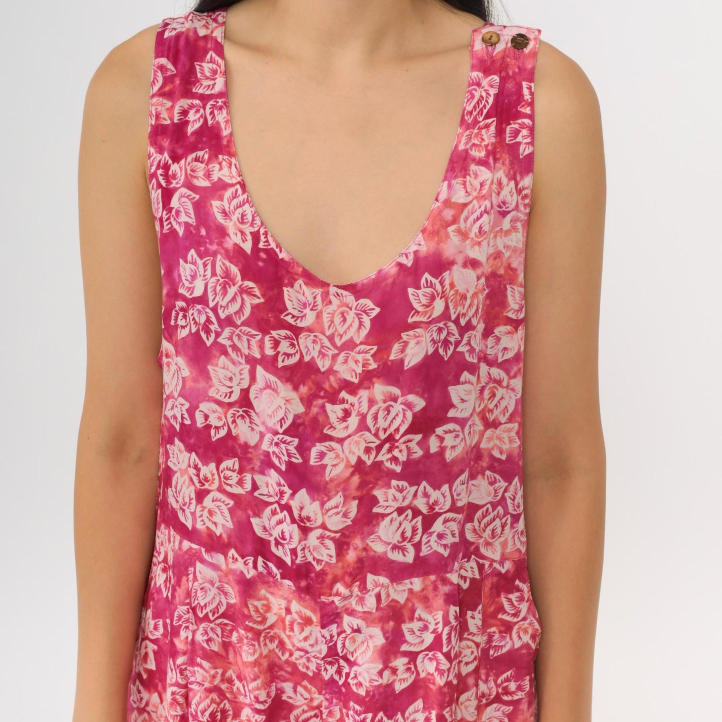90s April Cornell Pink Tie Dye Floral Wide Leg Jumpsuit Scoop Neck Medium M