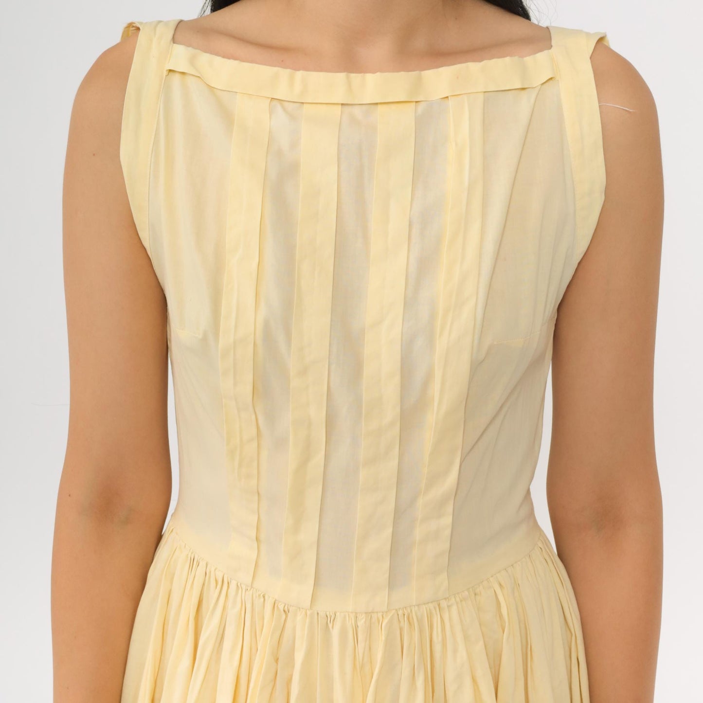 60s Yellow Boatneck Midi Dress Pleated Full Skirt Sleeveless Extra Small
