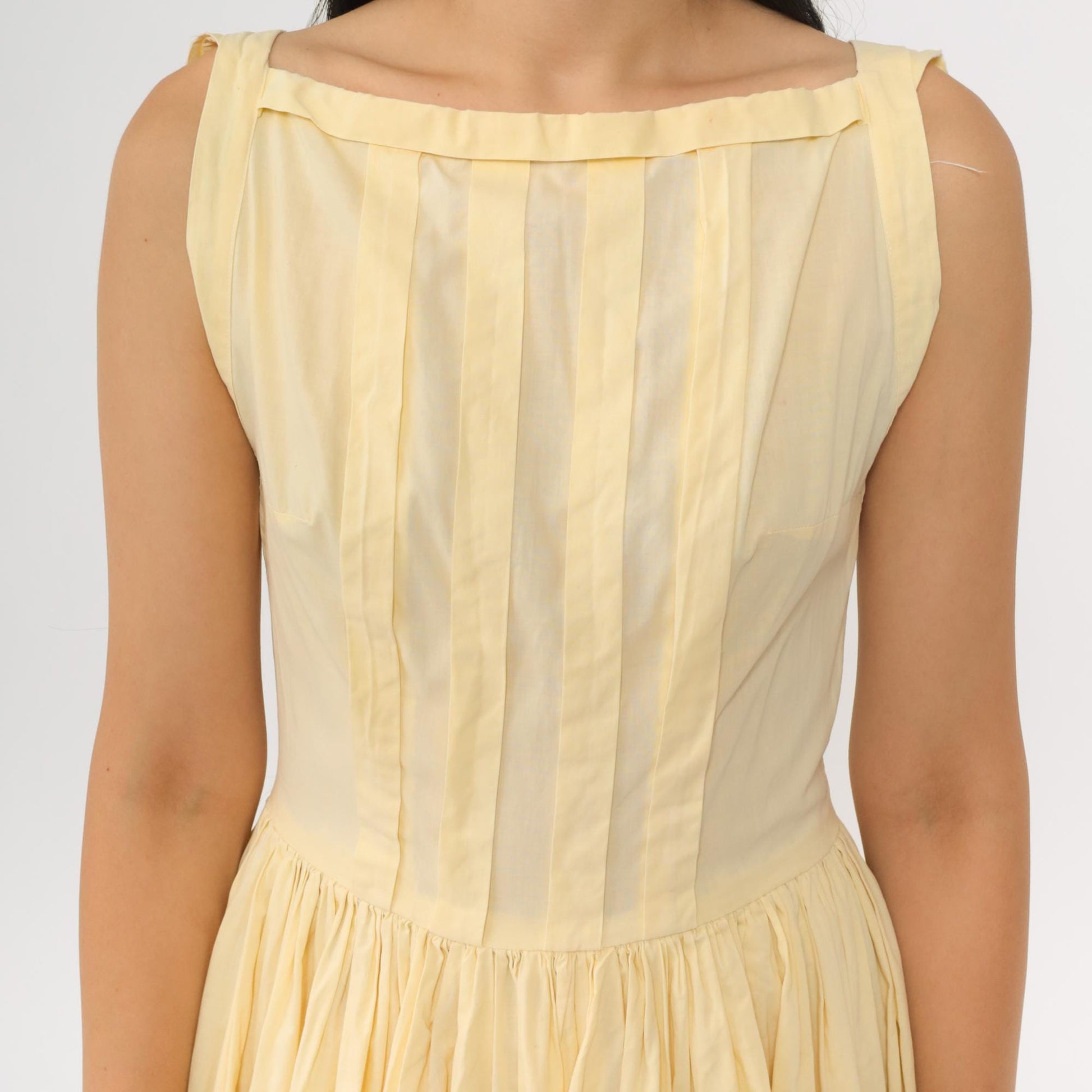 60s Yellow Boatneck Midi Dress Pleated Full Skirt Sleeveless Extra Small