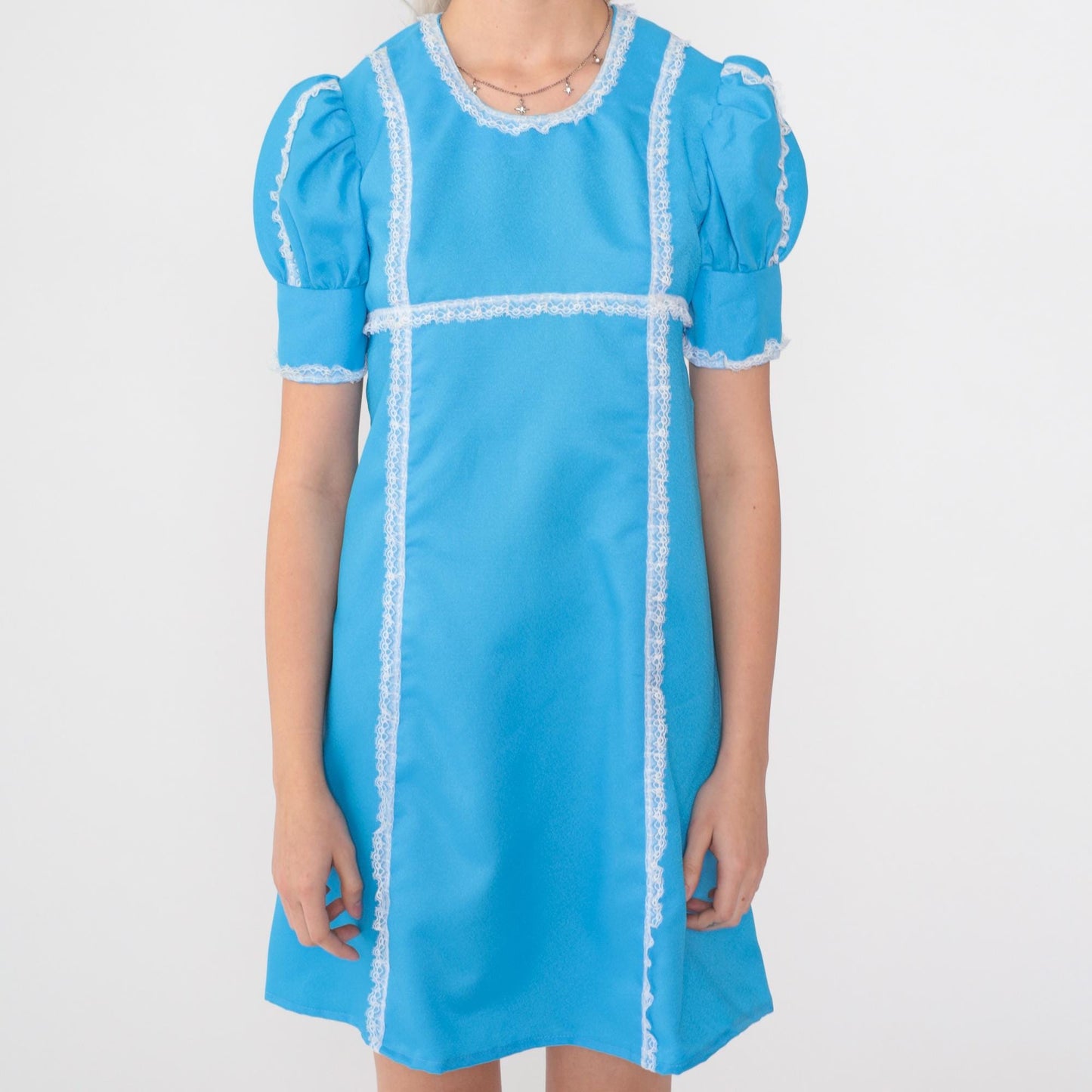 60s Babydoll Mini Dress Puff Sleeve Blue Lace Trim Empire Waist Small