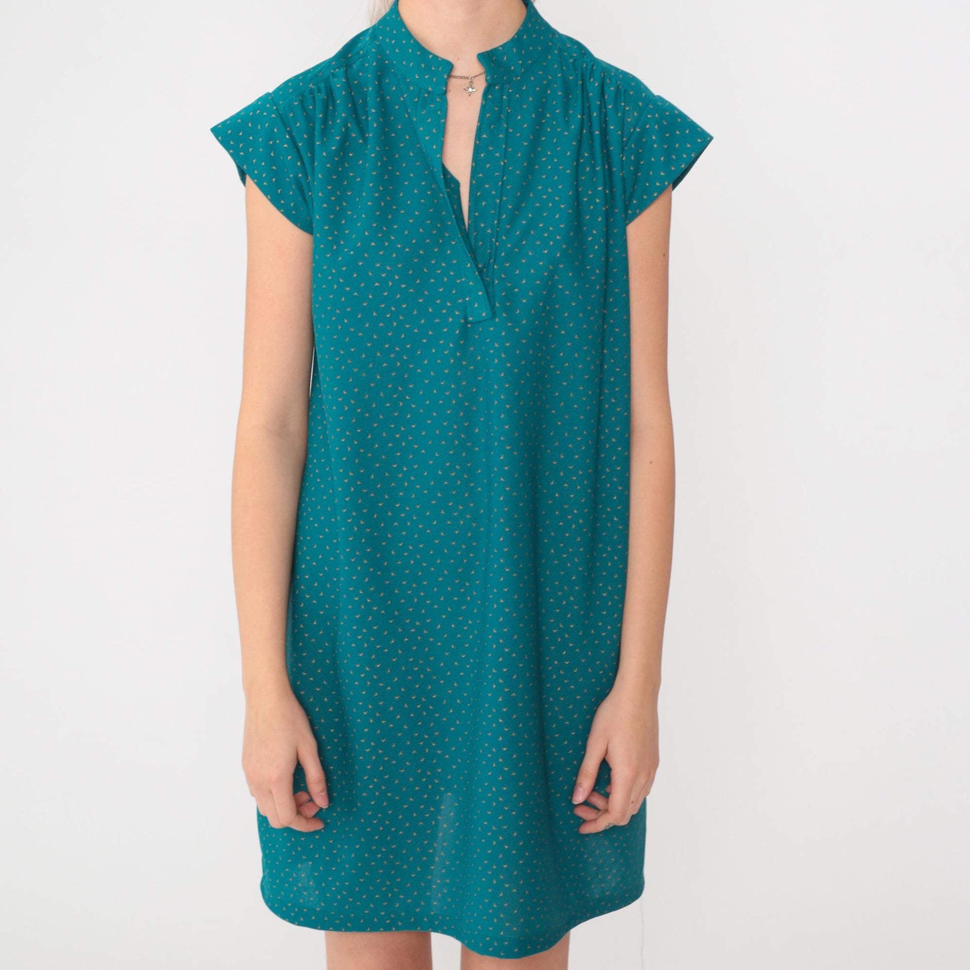 80s Teal Gold Confetti Dot Mini Shift Dress Cap Sleeve V-Neck Medium