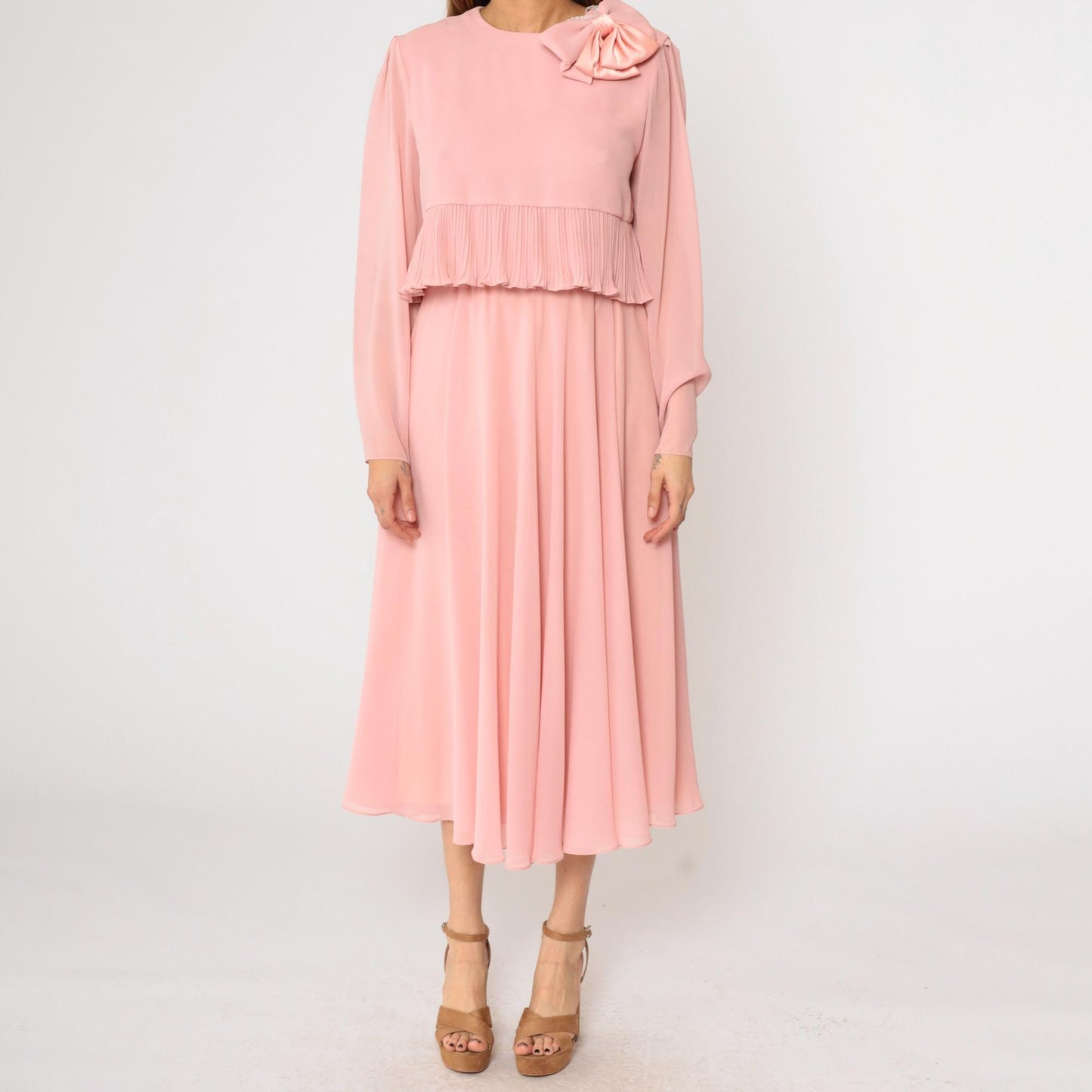 80s Ursula of Switzerland Pink Chiffon Midi Dress Puff Sleeve Bow Medium