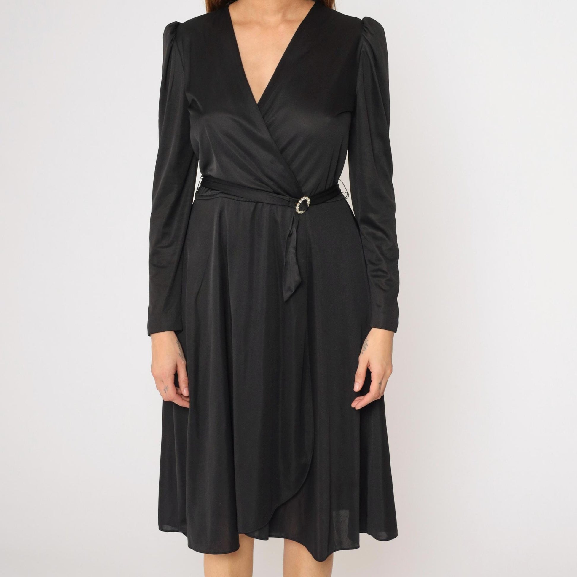 70s Black Wrap Dress Puff Sleeve Deep V Midi High Waist Rhinestone Belt Small