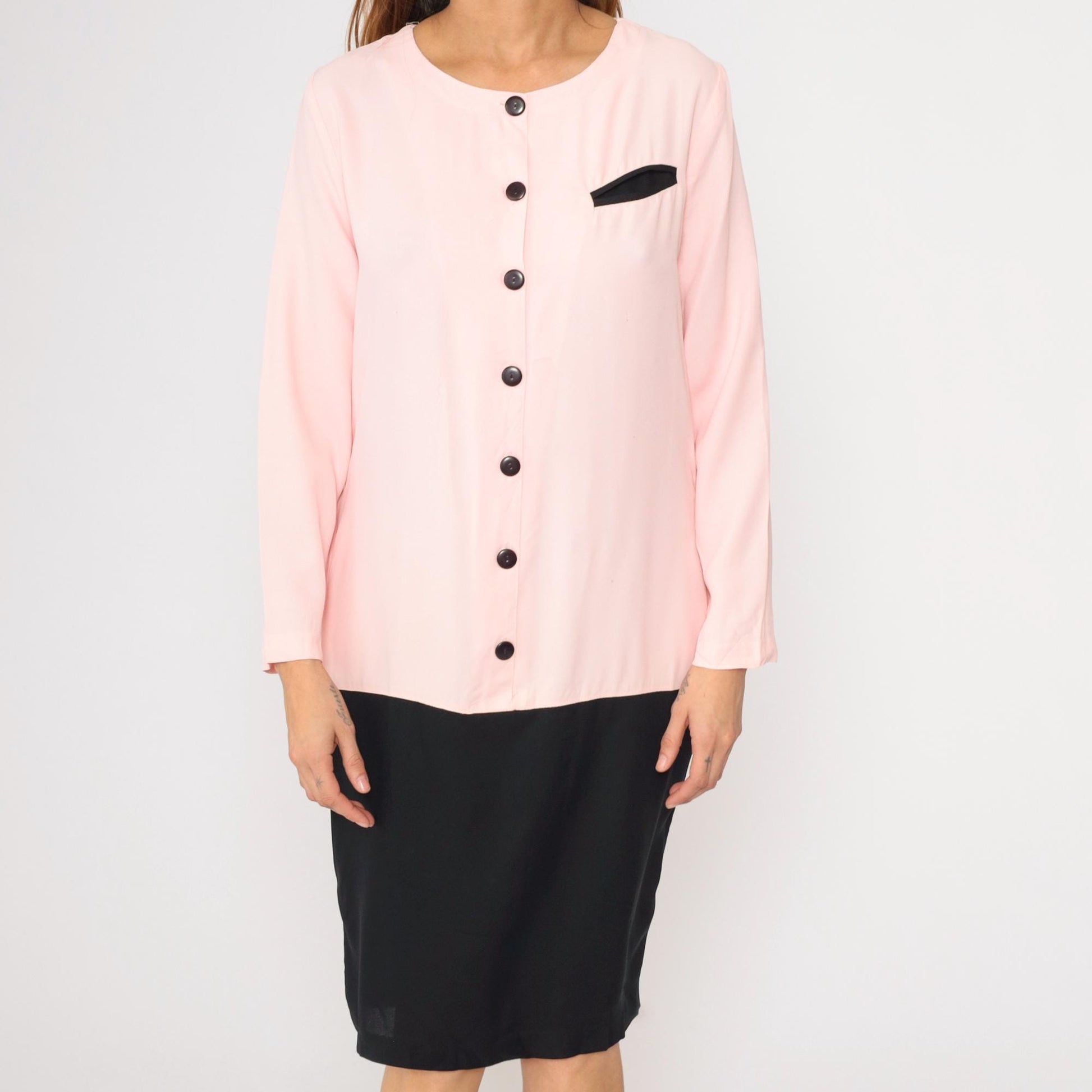80s Pink Black Colorblock Dress Button Up Knee Length Medium