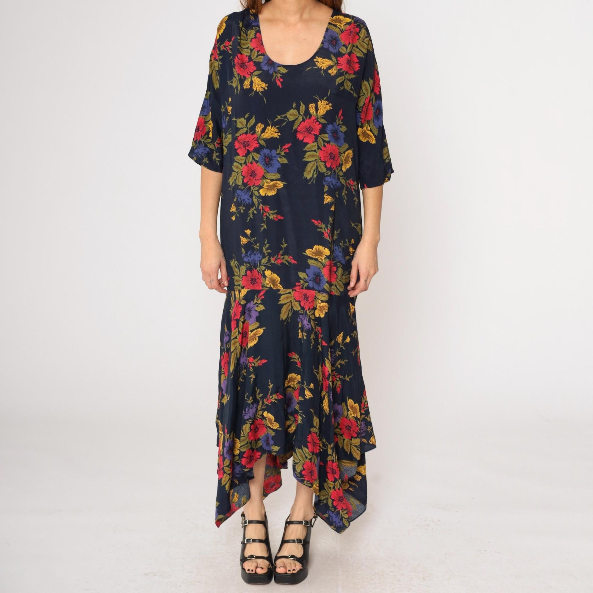 90s Navy Floral Maxi Dress Asymmetrical Hanky Hem Drop Waist Medium