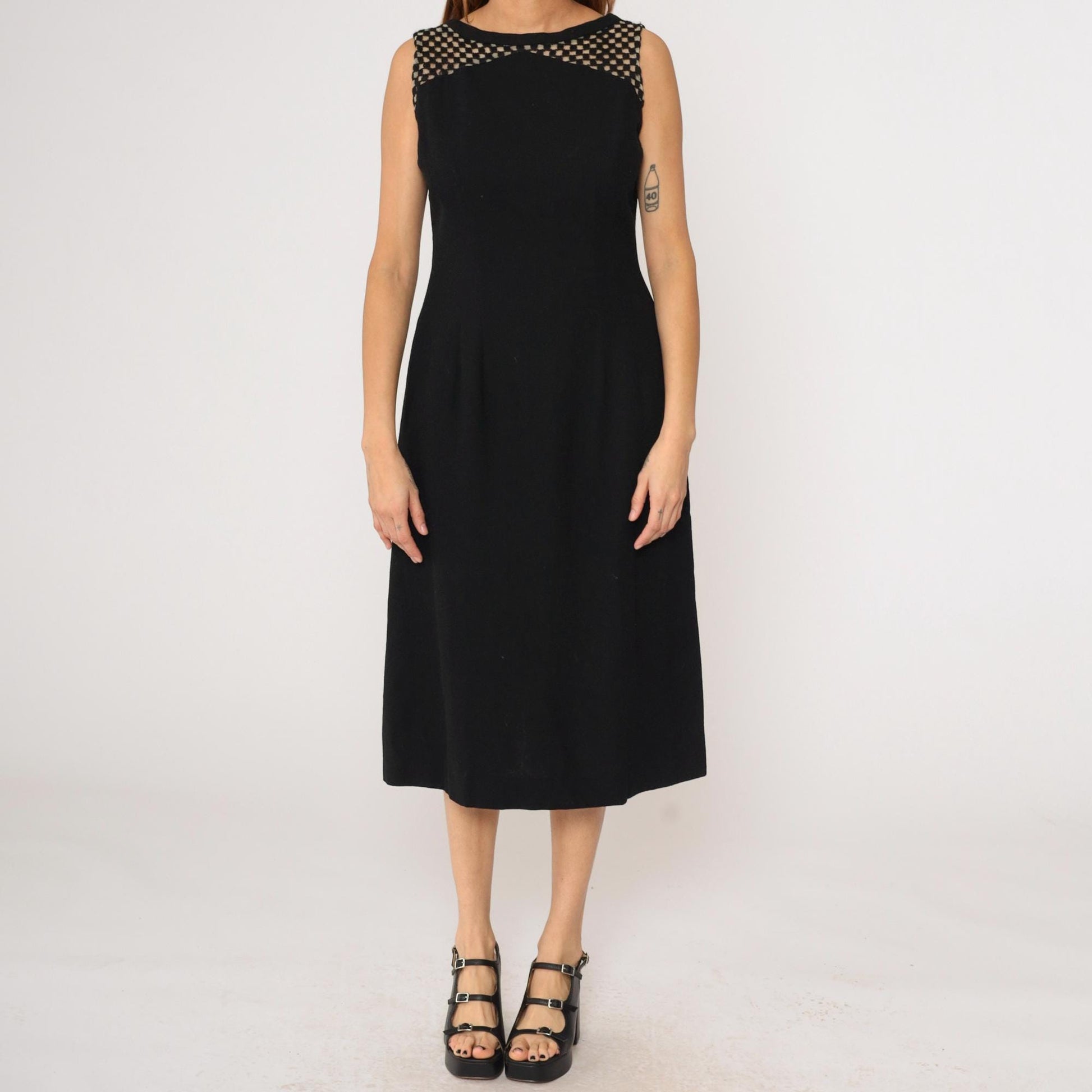 1960s Black Wool Midi Cocktail Dress Sheer Checkered Yoke Sleeveless Medium