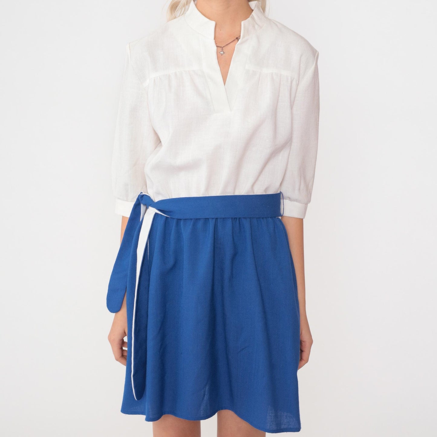 80s Two-Tone Mini Dress Royal Blue White Color Block High Waist Medium M