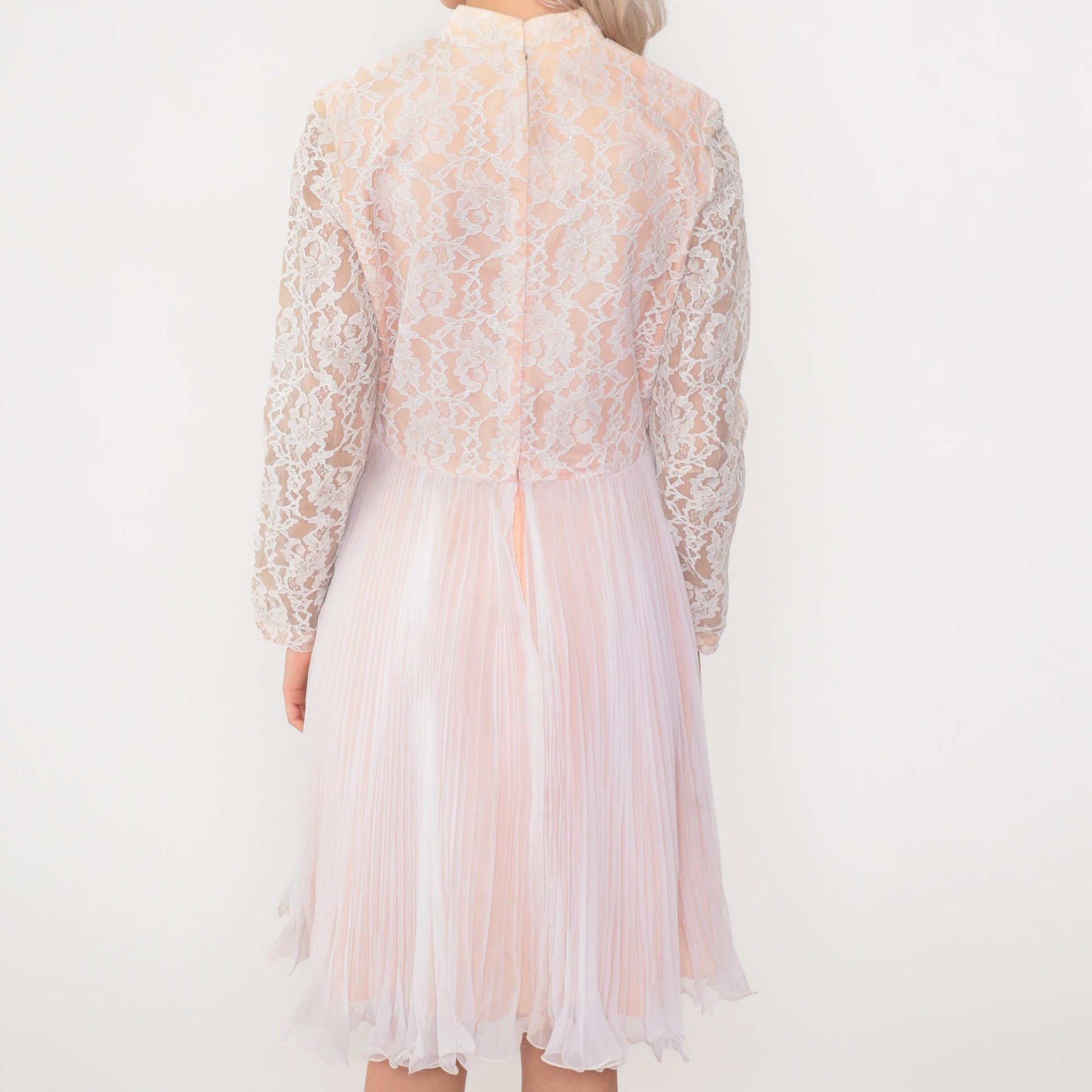 60s White Lace Chiffon Midi Dress Long Sleeve High Waist Mock Neck Medium M
