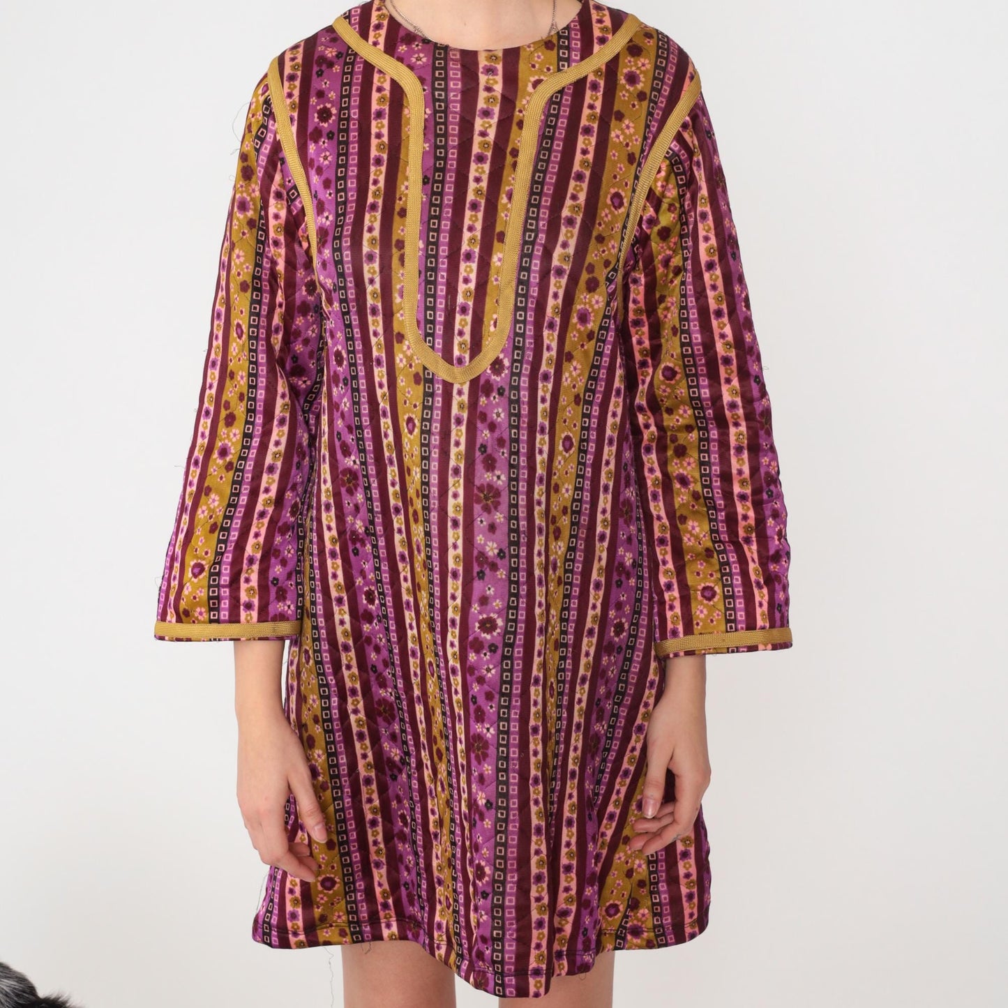 70s Quilted Floral Shift Dress Purple Mustard Striped Mini Small S