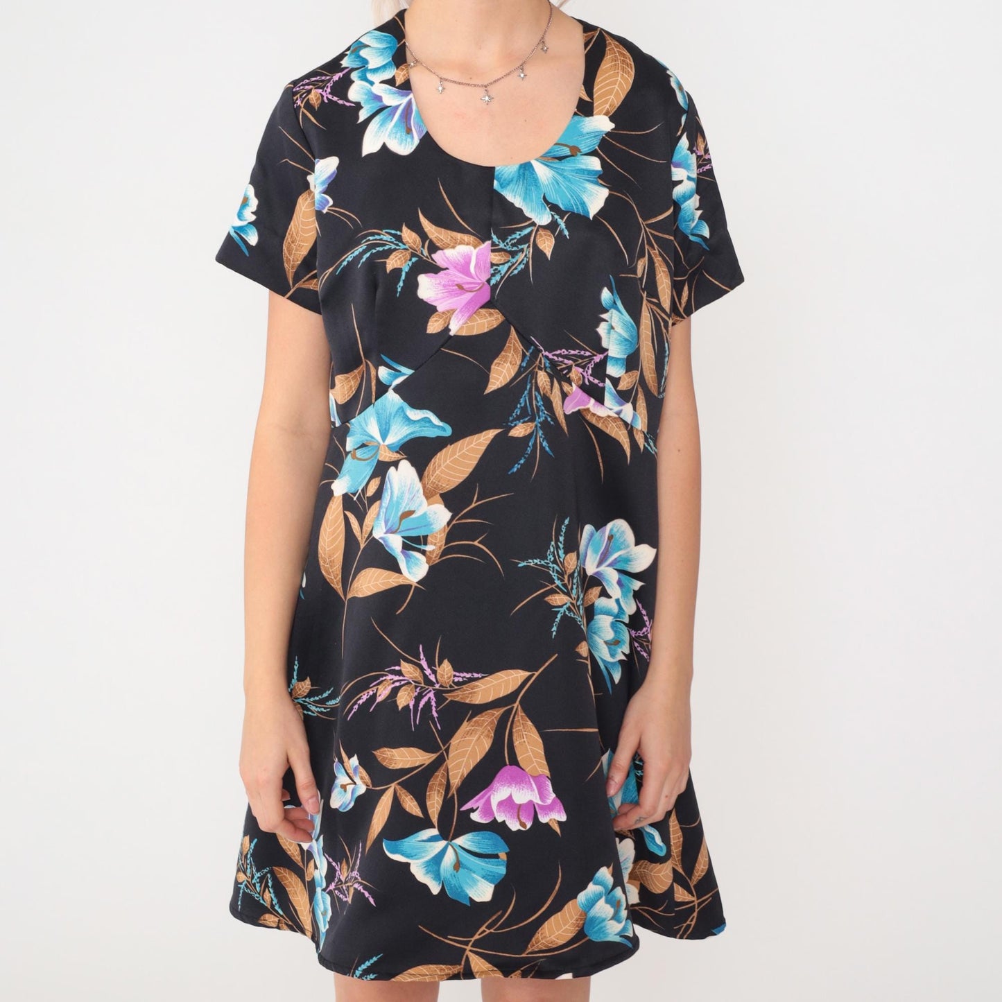 70s Tropical Floral Babydoll Dress Black Empire Waist Mini Scoop Neck Large
