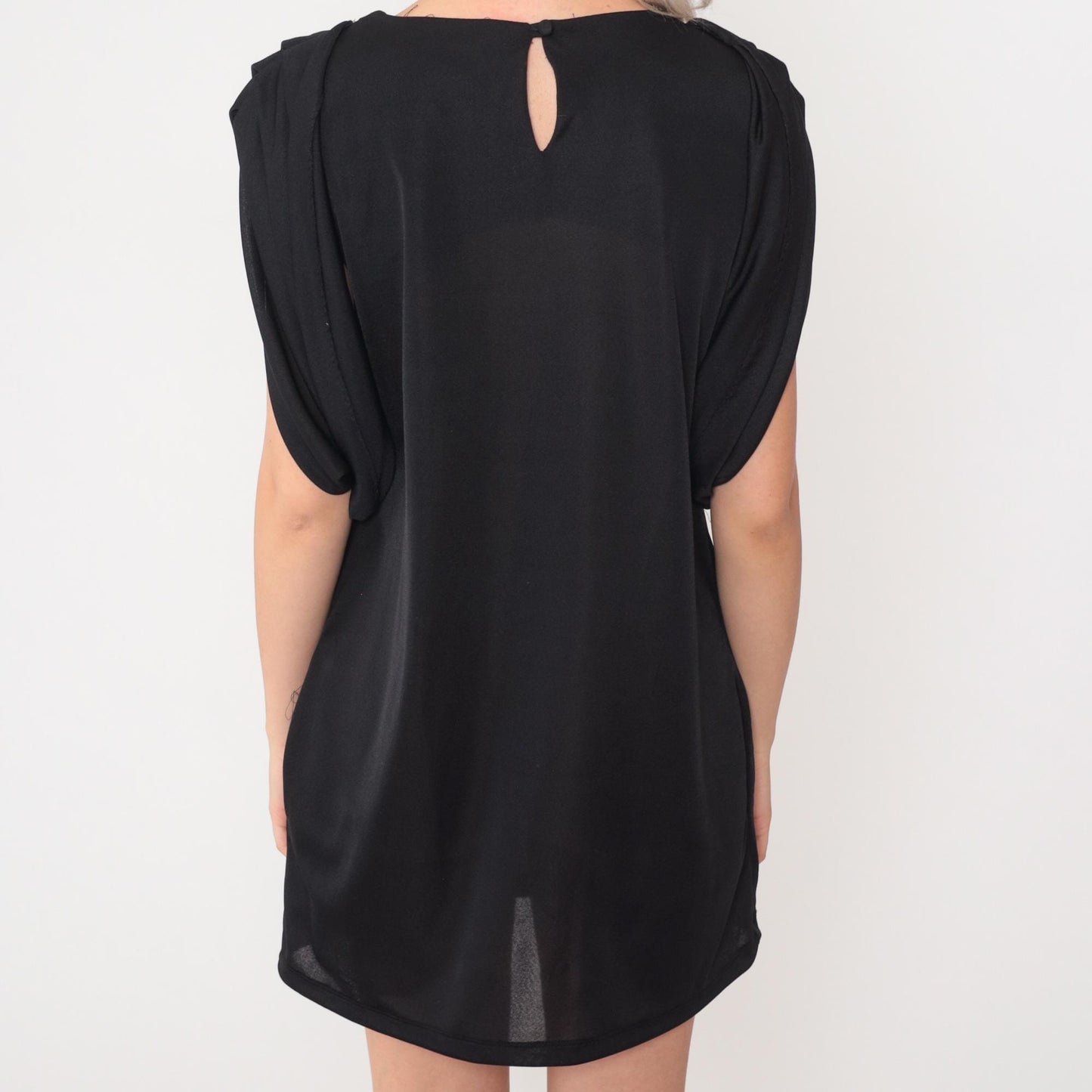 80s Patra Black Mini Shift Dress Cap Sleeve Keyhole Back Medium M