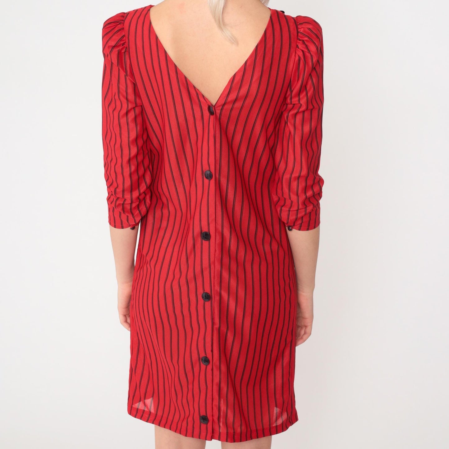 80s Red & Black Striped Mini Dress Puff Sleeve Button Back Small S