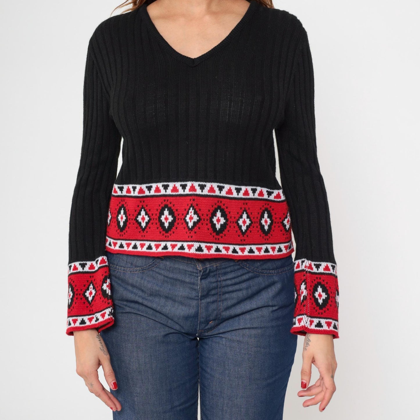 80s LA Express Geometric Bell Sleeve Sweater Black Knit Cropped V-Neck Medium