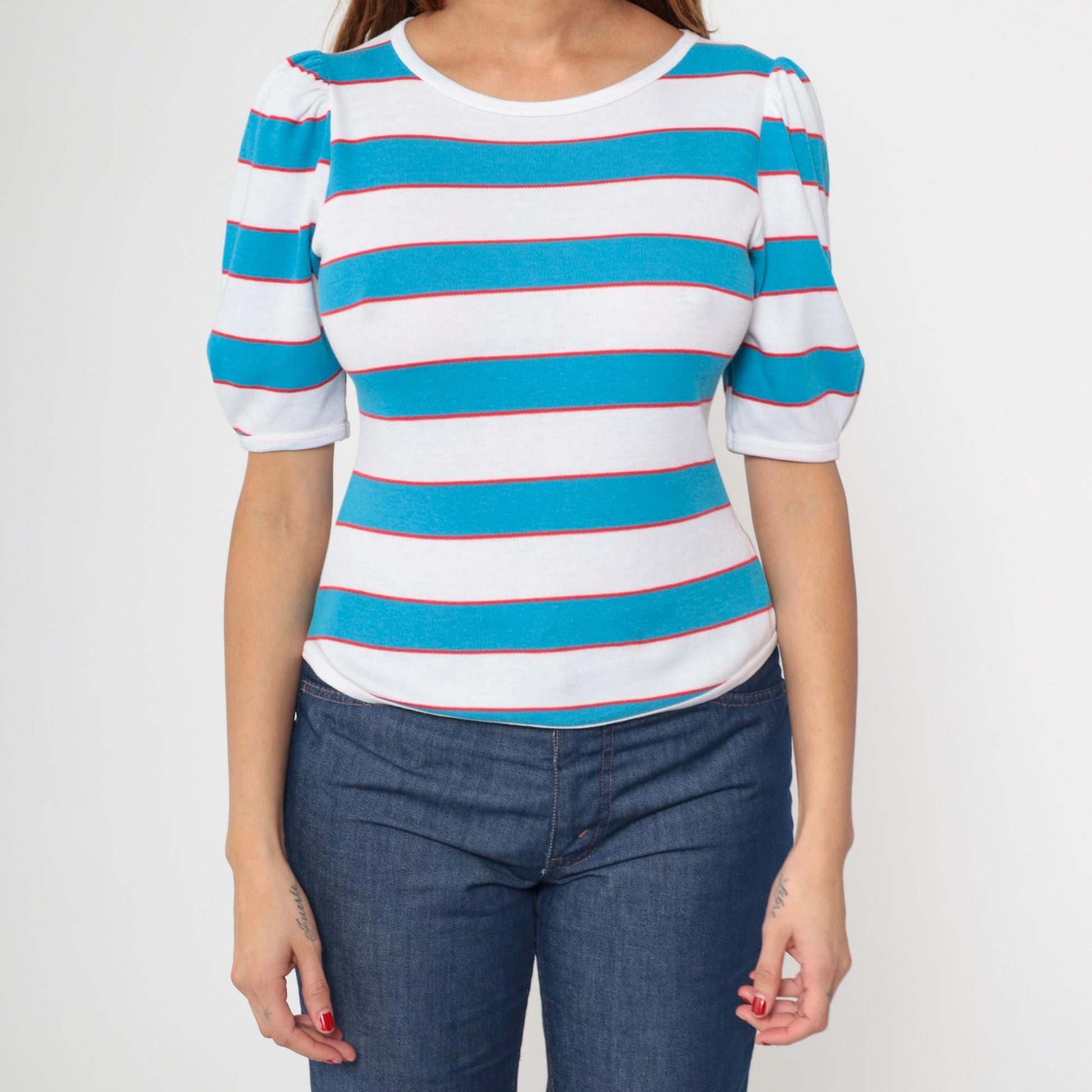 80s Fritzi Striped T-Shirt Puff Sleeve White Blue Red Small