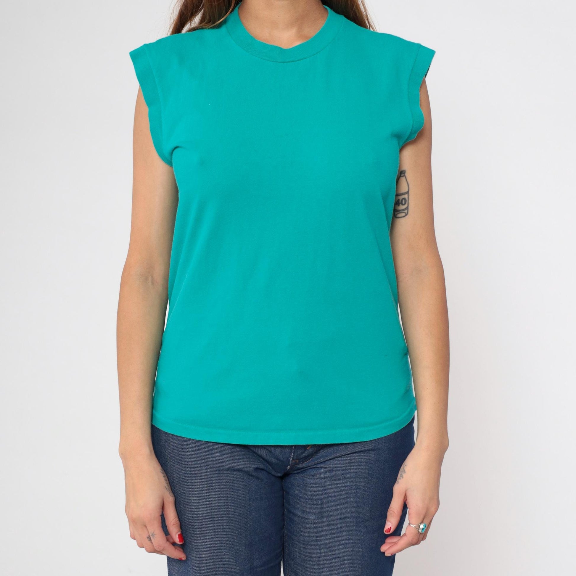 90s Towncraft Teal Muscle Tank Top Crewneck Single Stitch Cotton Small