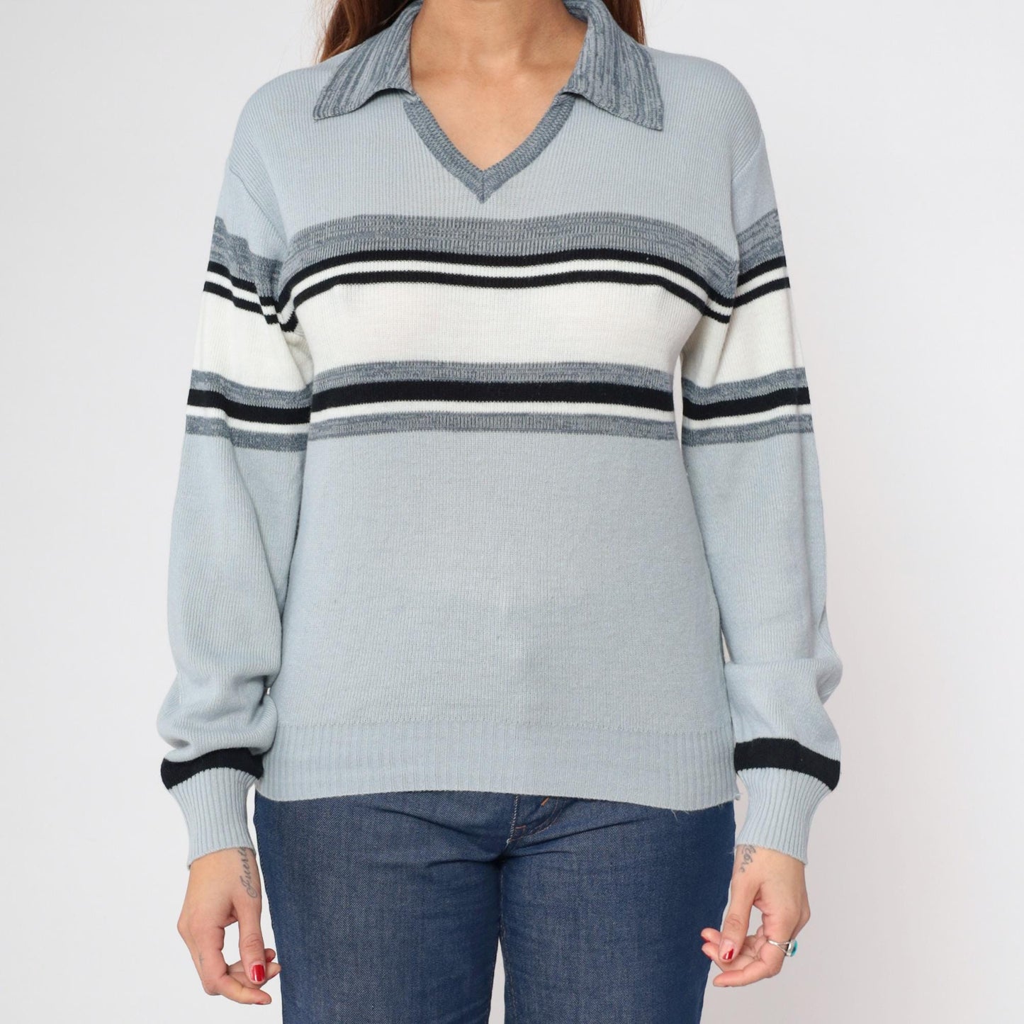 70s Blue Grey Striped Knit Sweater Collared V-Neck Small