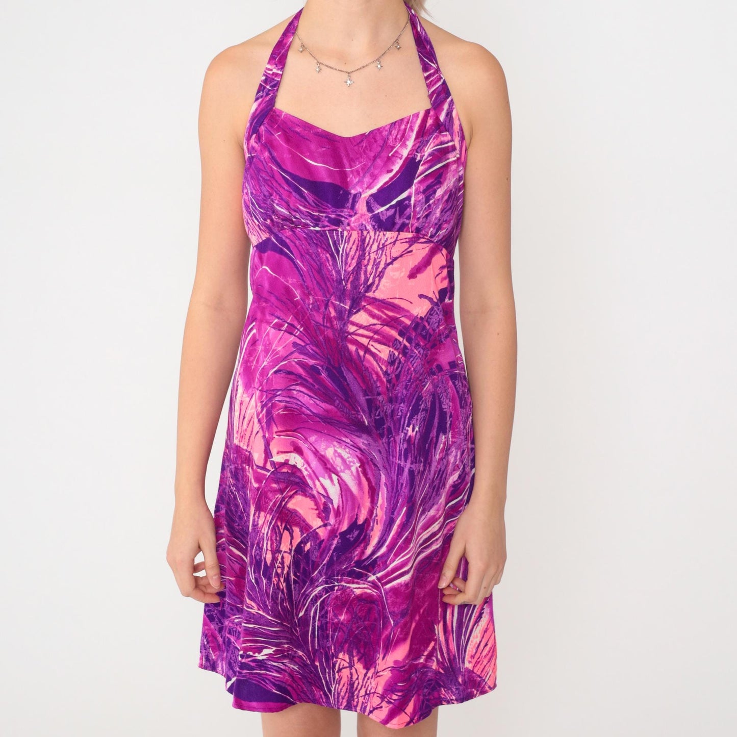 70s Purple Magenta Abstract Halter Mini Dress Empire Waist Extra Small