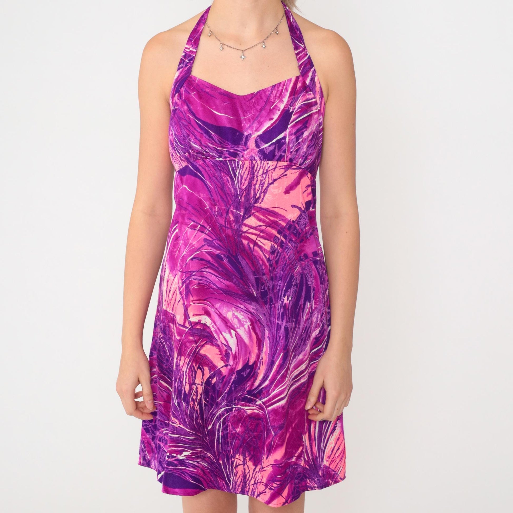 70s Purple Magenta Abstract Halter Mini Dress Empire Waist Extra Small