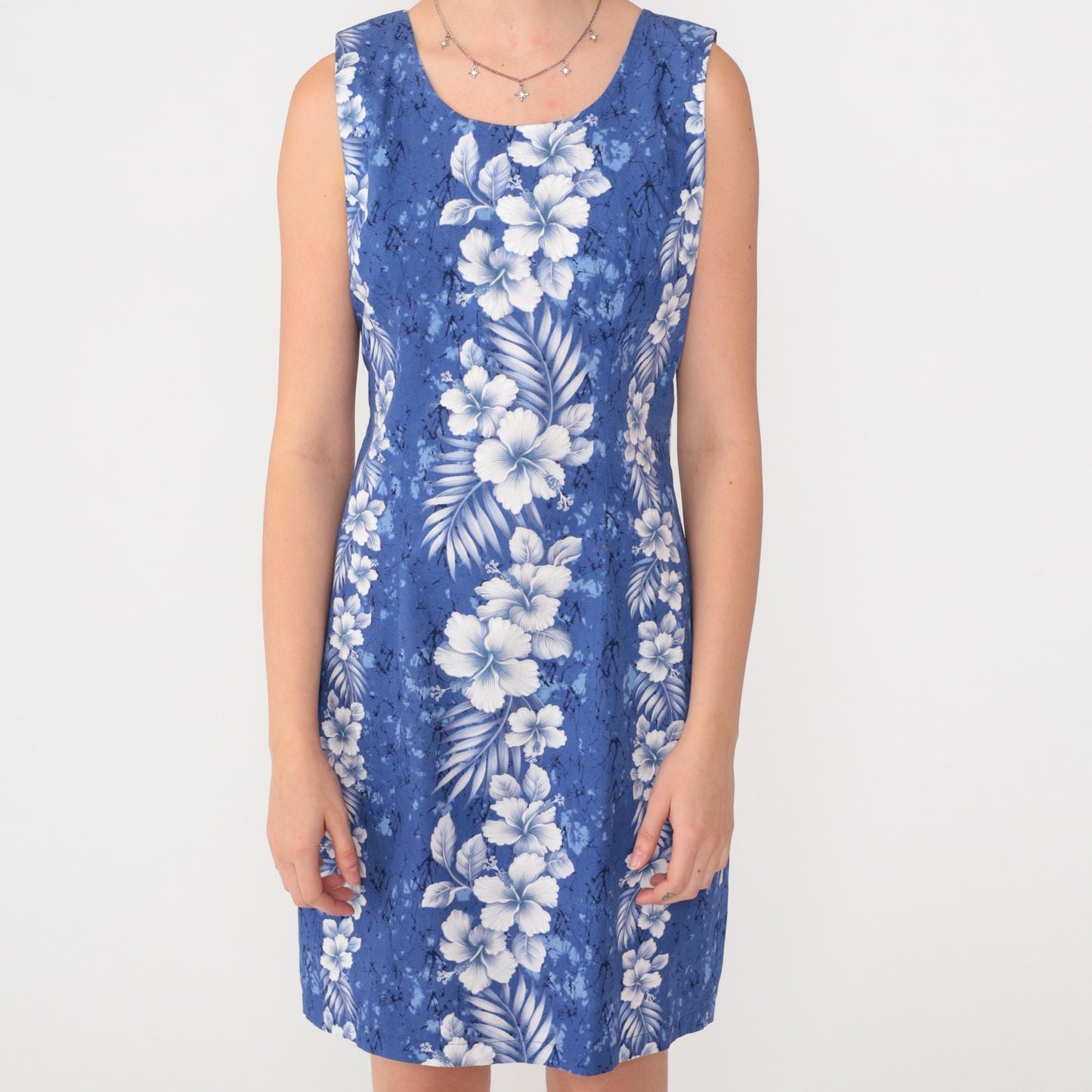 Y2K Hawaiian Floral Mini Dress Blue Sleeveless Cotton Sheath Small