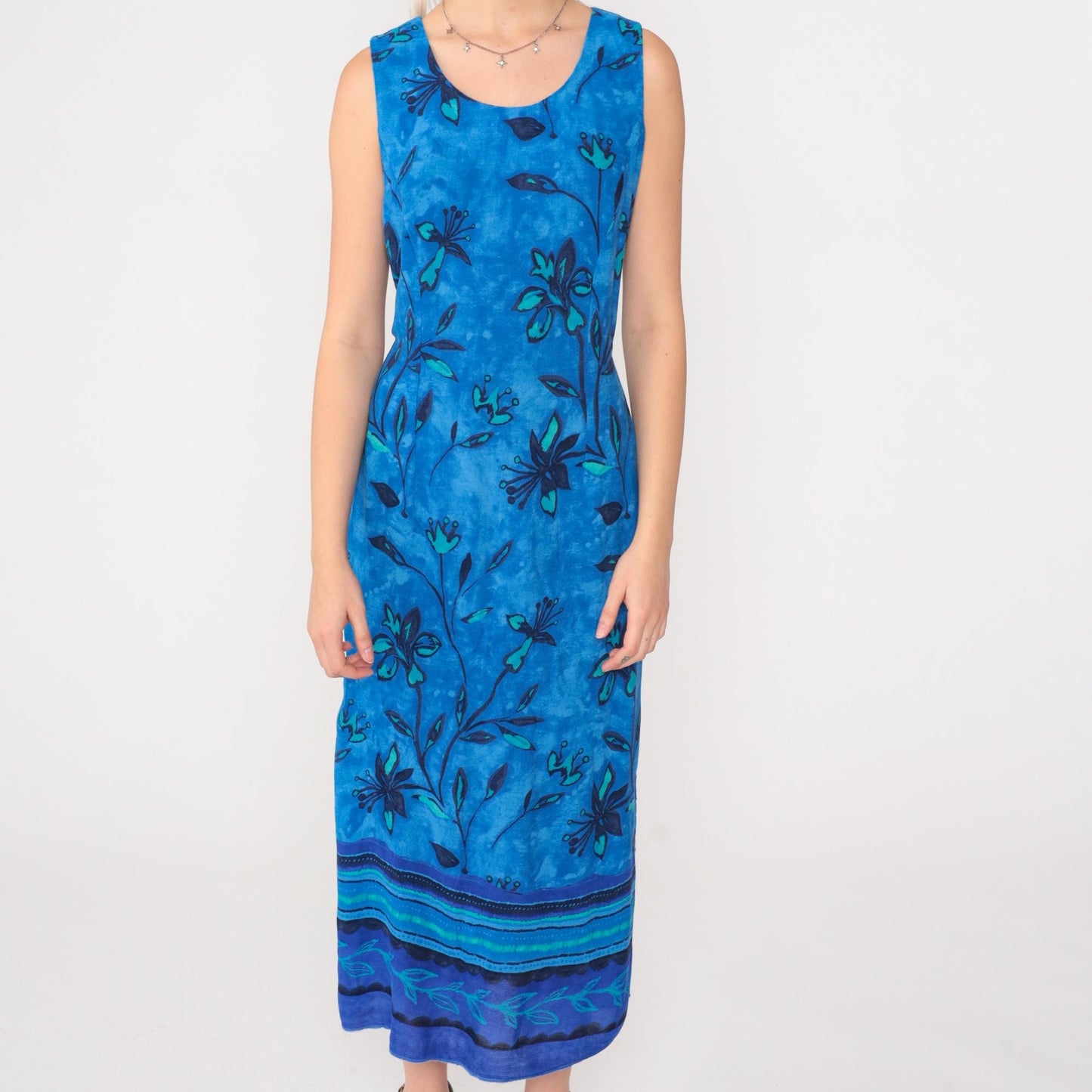 90s Blue Floral Rayon Maxi Dress Sleeveless Scoop Neck Side Slit Small