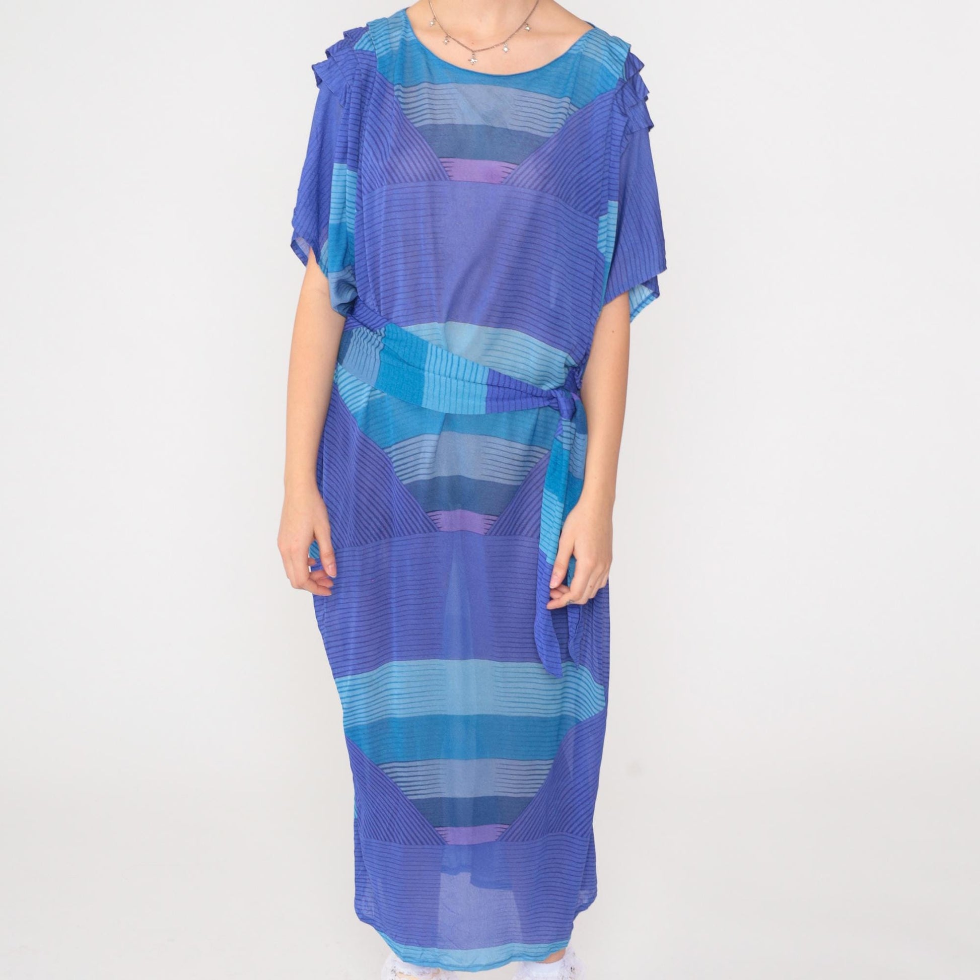 80s Abstract Striped Caftan Maxi Dress Purple Blue Dolman Sleeve Keyhole Extra Large